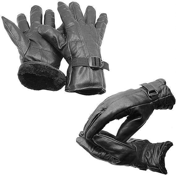 VVRM Warm Black Leather Snow Proof Winter Gloves for Men Boy Women Girls Ladies Protective Warm Hand Riding, Cycling, Bike Motorcycle Gloves (Black)_Pack of 2