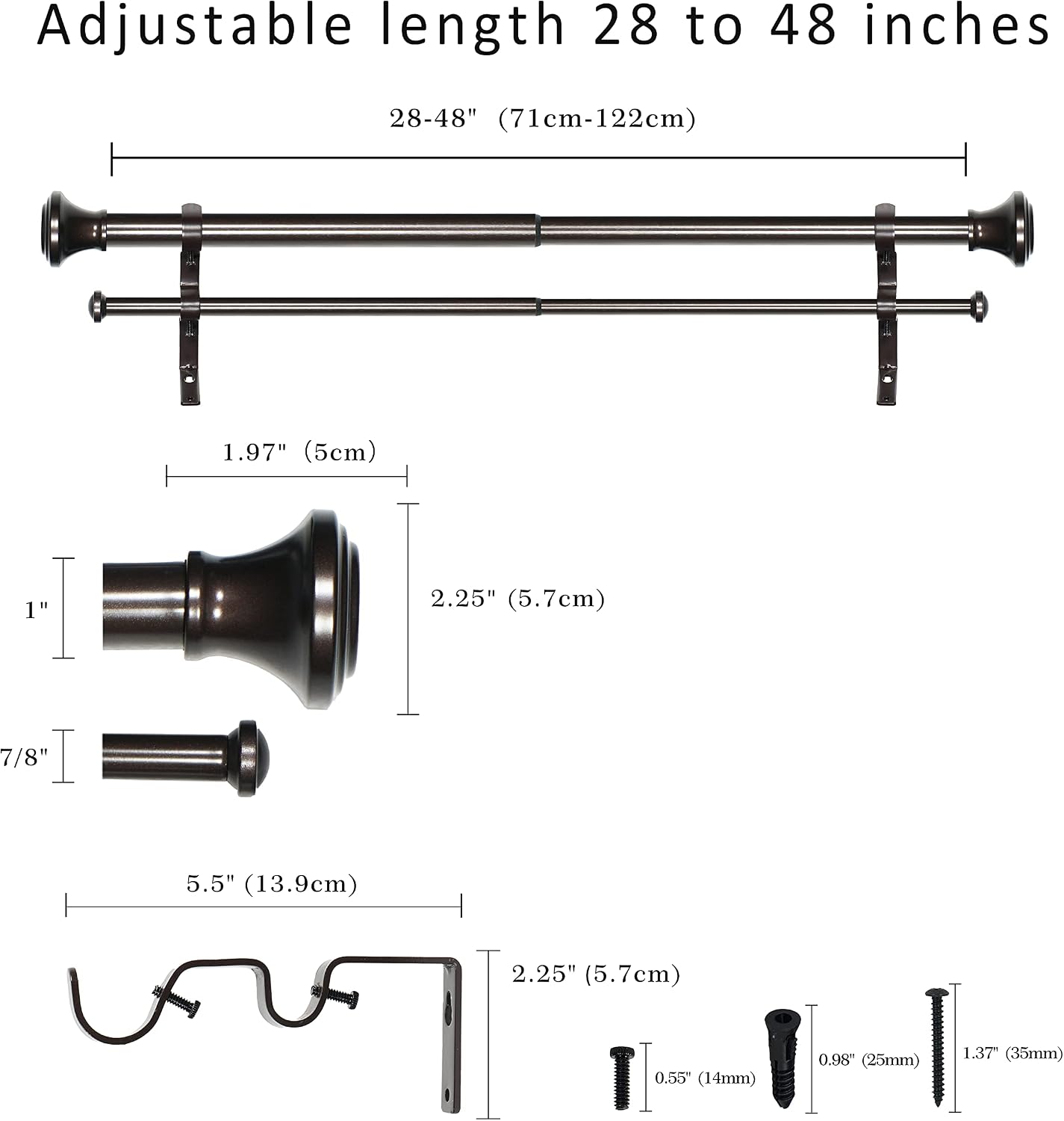 1" Double Curtain Rod with Trumpet Finials (Oil-Rubbed Bronze, 28''-48'')