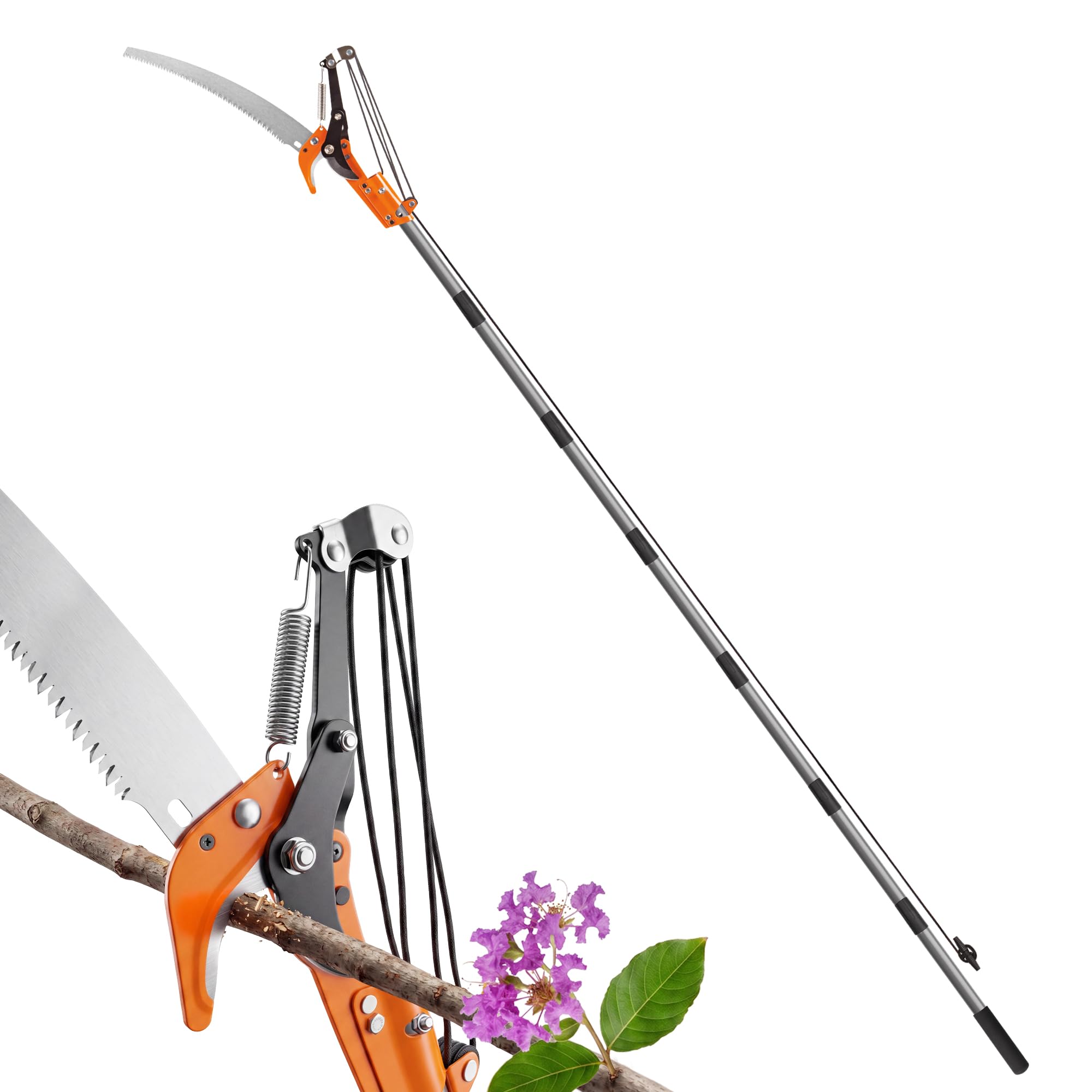 Walensee Telescopic Tree Pruner 2-in-1 Long Reach Loppers & Saw, 3 M Extendable Pole Tree Trimmer with Steel Blade, Branch Cutter, Lightweight High-Strength Handles for Easy Garden Tree Care, Orange