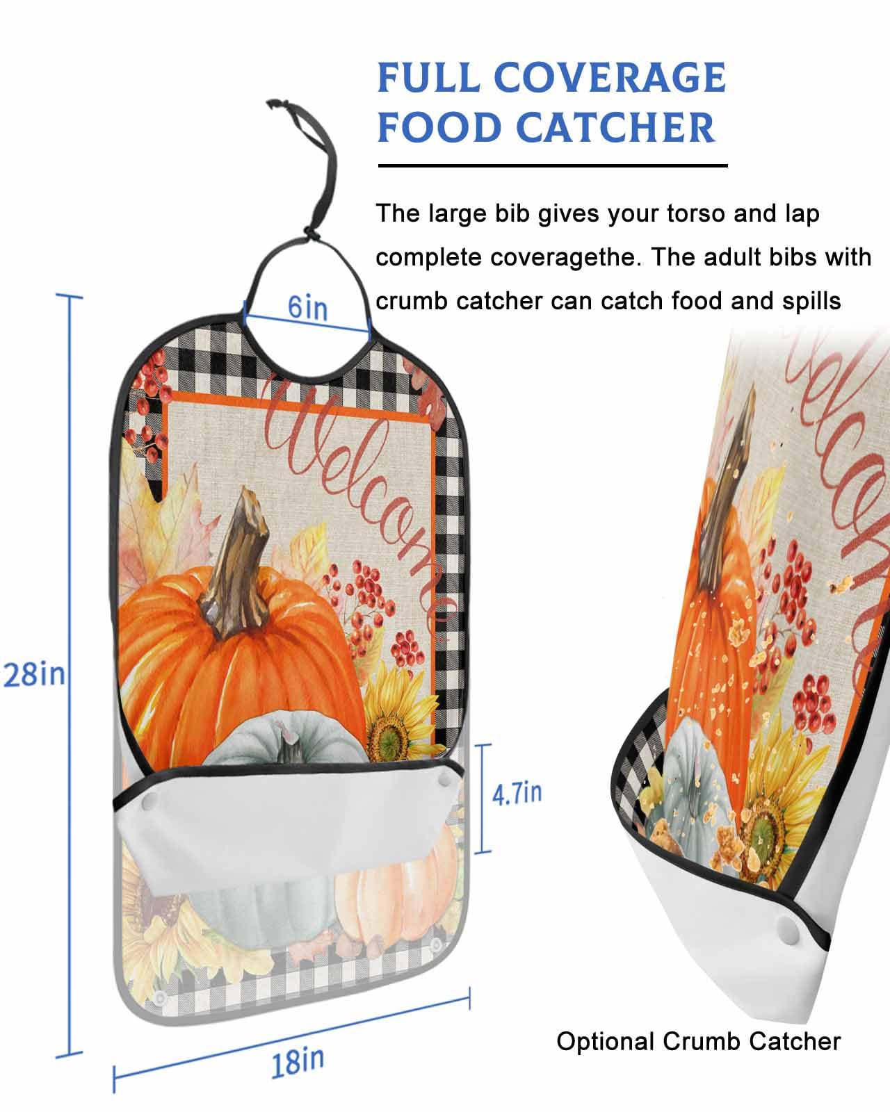 LEOKOTI Pumpkins Fall Adult Bibs for Eating, Waterproof Bibs with Food Catcher & Adjustable Snap Closure, Thanksgiving Sunflower Black Plaid Washable Clothing Protectors Adult Bibs for Elderly