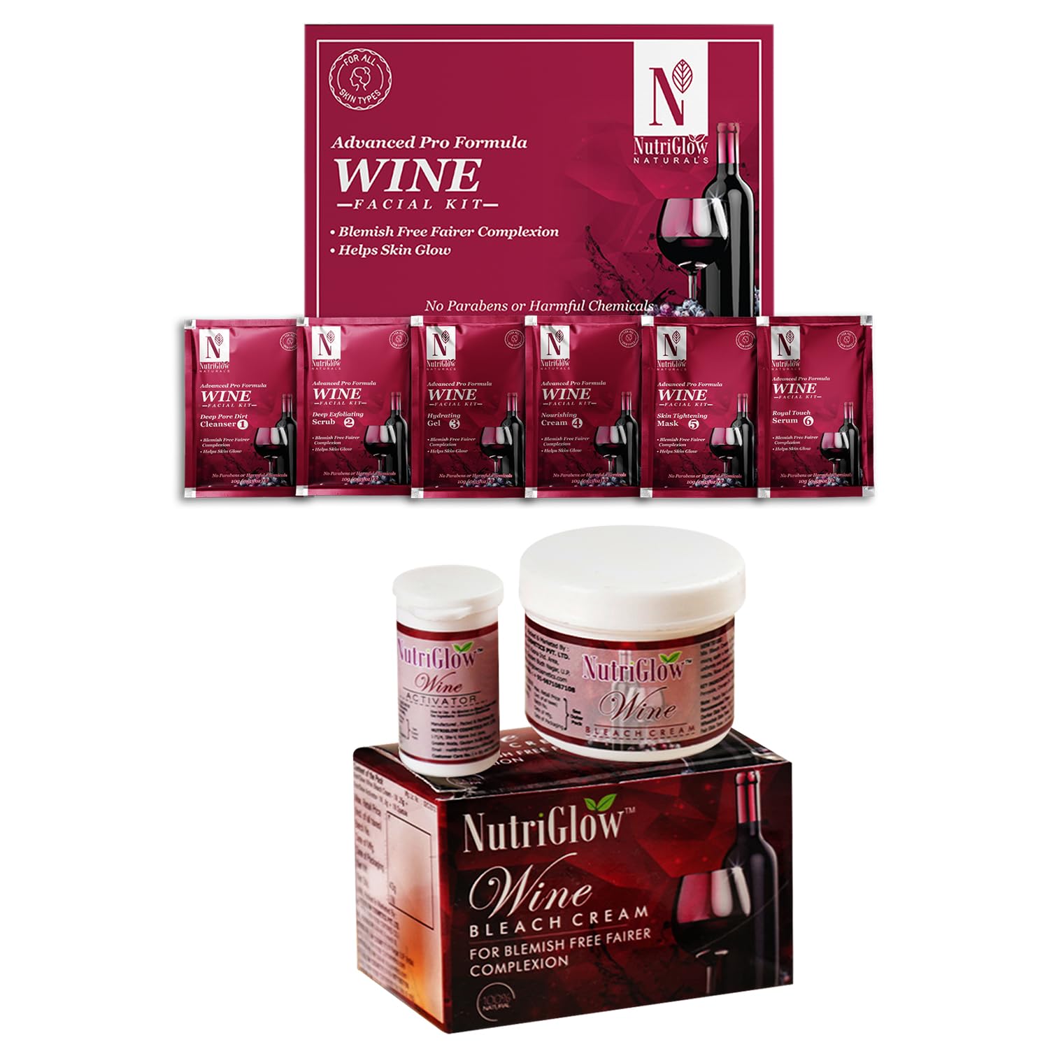 NutriGlow NATURAL’S Advance Pro Formula Wine Facial Kit 60gm & Wine Bleach For Anti-Aging – 43gm 2 Items in the set