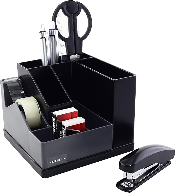 Exerz Desk Organiser/Pen Holder/Desk Tidy/Swivel Rotating 360° with Stationery Including: Adhesive Tape with Dispenser, Scissors, Stapler, Staples, Pens, Ruler, Eraser (EX118 Grey/Black)