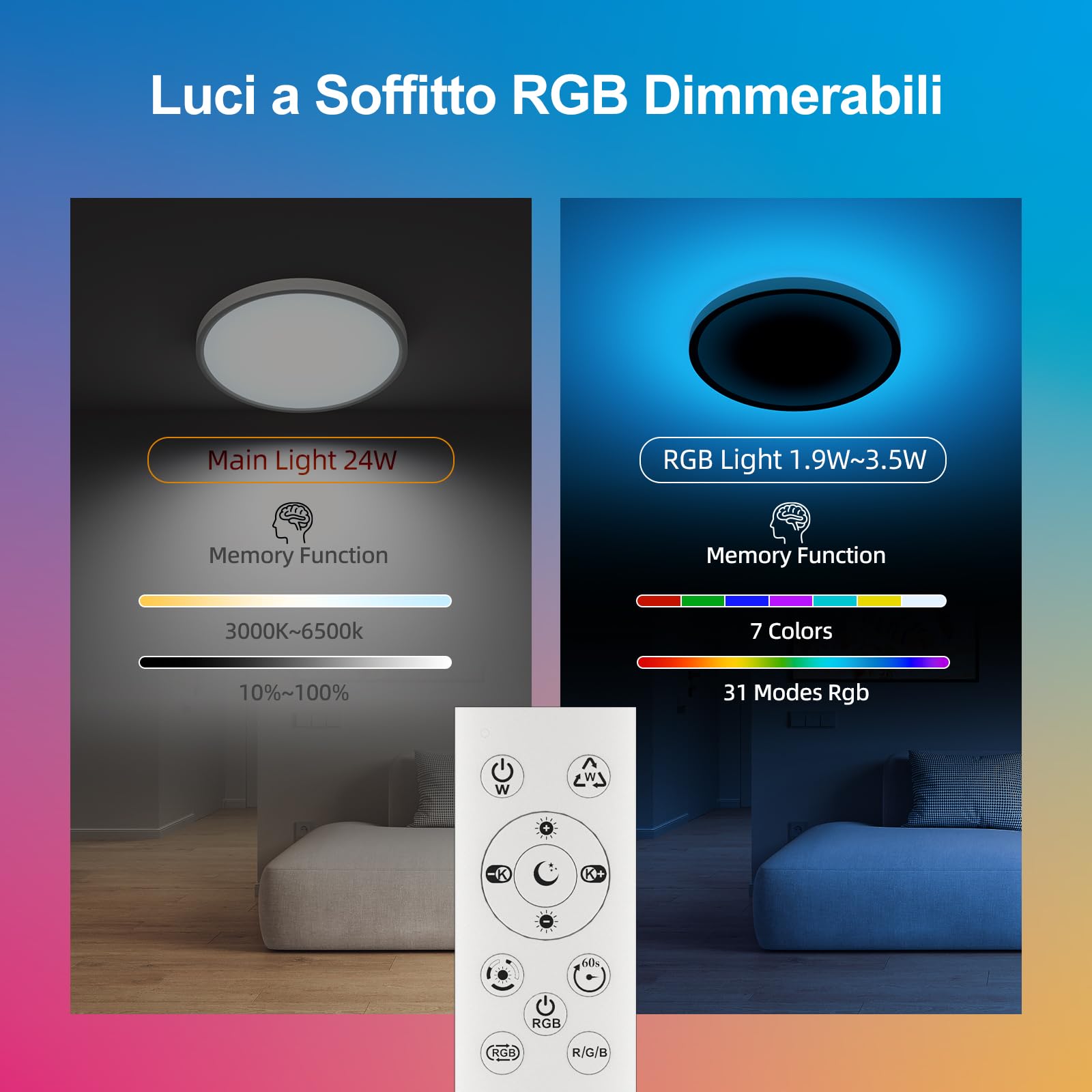 DetarZinLED Plafoniera LED Soffitto Camera da Letto, 24W 2700LM 30cm Lampada da Soffitto Tonda Dimmerabile con Telecomando, Lampadario Bagno IP44 Impermeabile, Luci RGB Colorate per Corridoio Interno