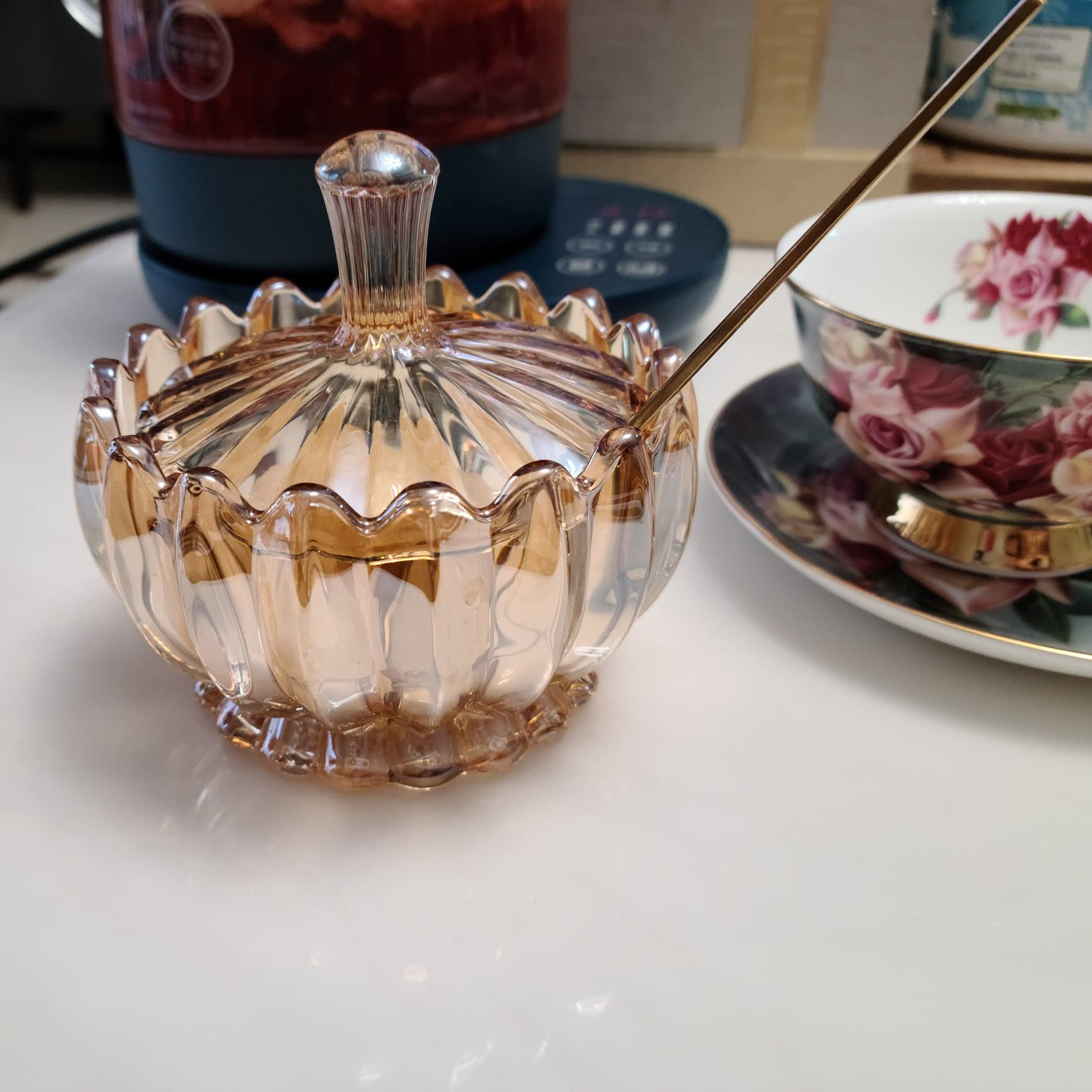 Sucrier avec Couvercle sucrier sucrier en Verre Cristal, Pot d'assaisonnement Couvert avec cuillère de Service, Pot à épices avec Couvercle, 3,94" x 4,13"