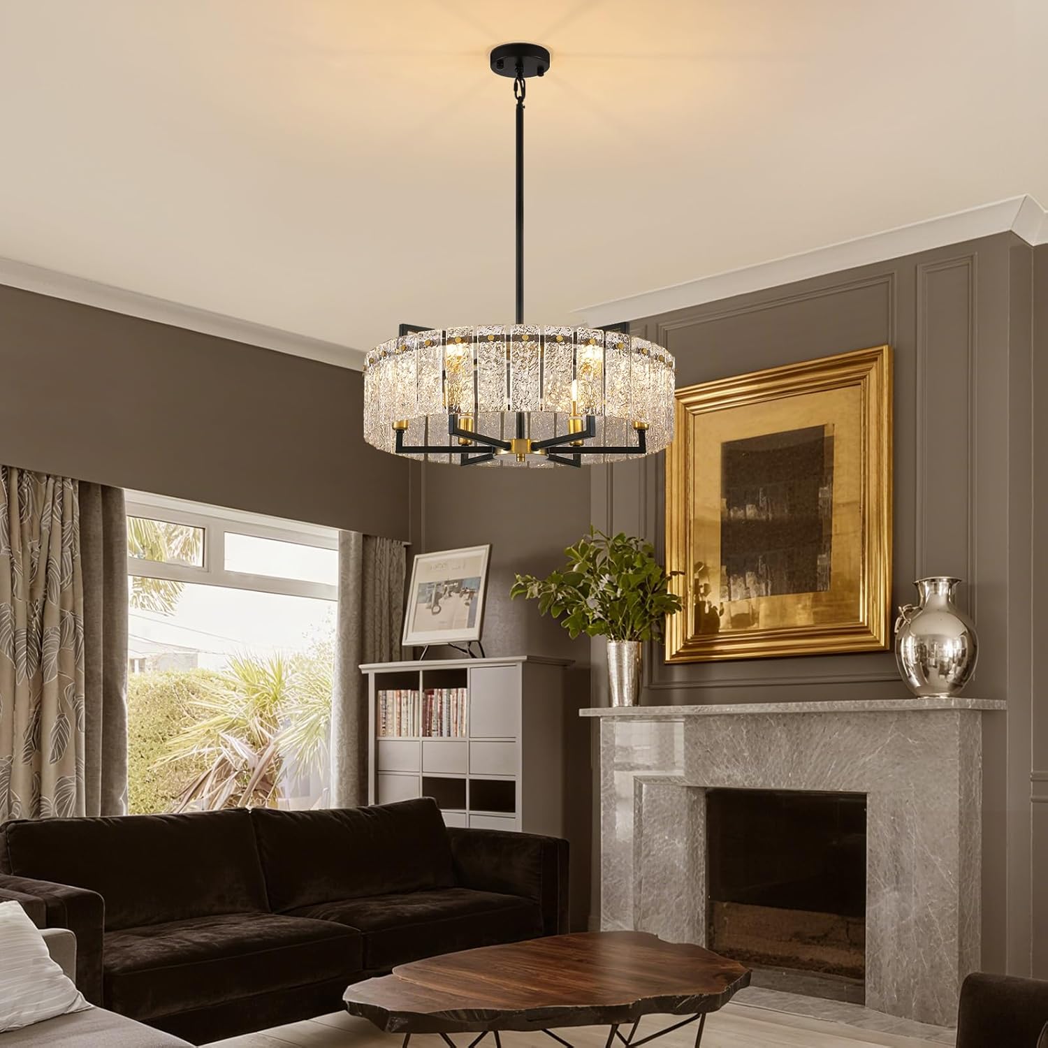 23.62" Gold Water Ripple Glass Chandeliers, 6-Light Modern Round Chandelier, Luxury Drum Chandelier Lighting Fixtures for Living Room Dining Room Kitchen Bedroom Foyer Hotel