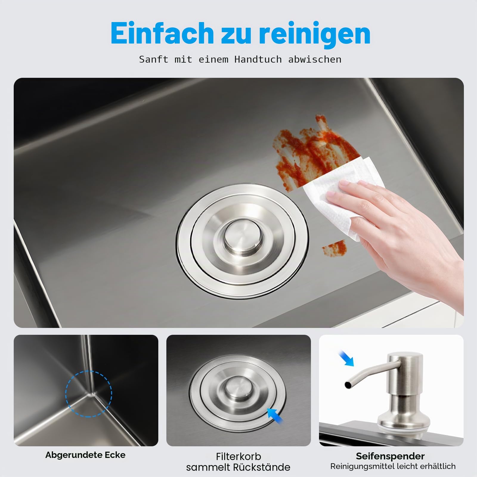 Doppelbecken Spüle Edelstahl Küchen, Spülbecken Schwarz Einbauspüle mit Abtropfkorb Abtropfschale Küche Spülbecken Doppelspüle Waschbecken, Abfluss Rohrsatz, Seifenspender
