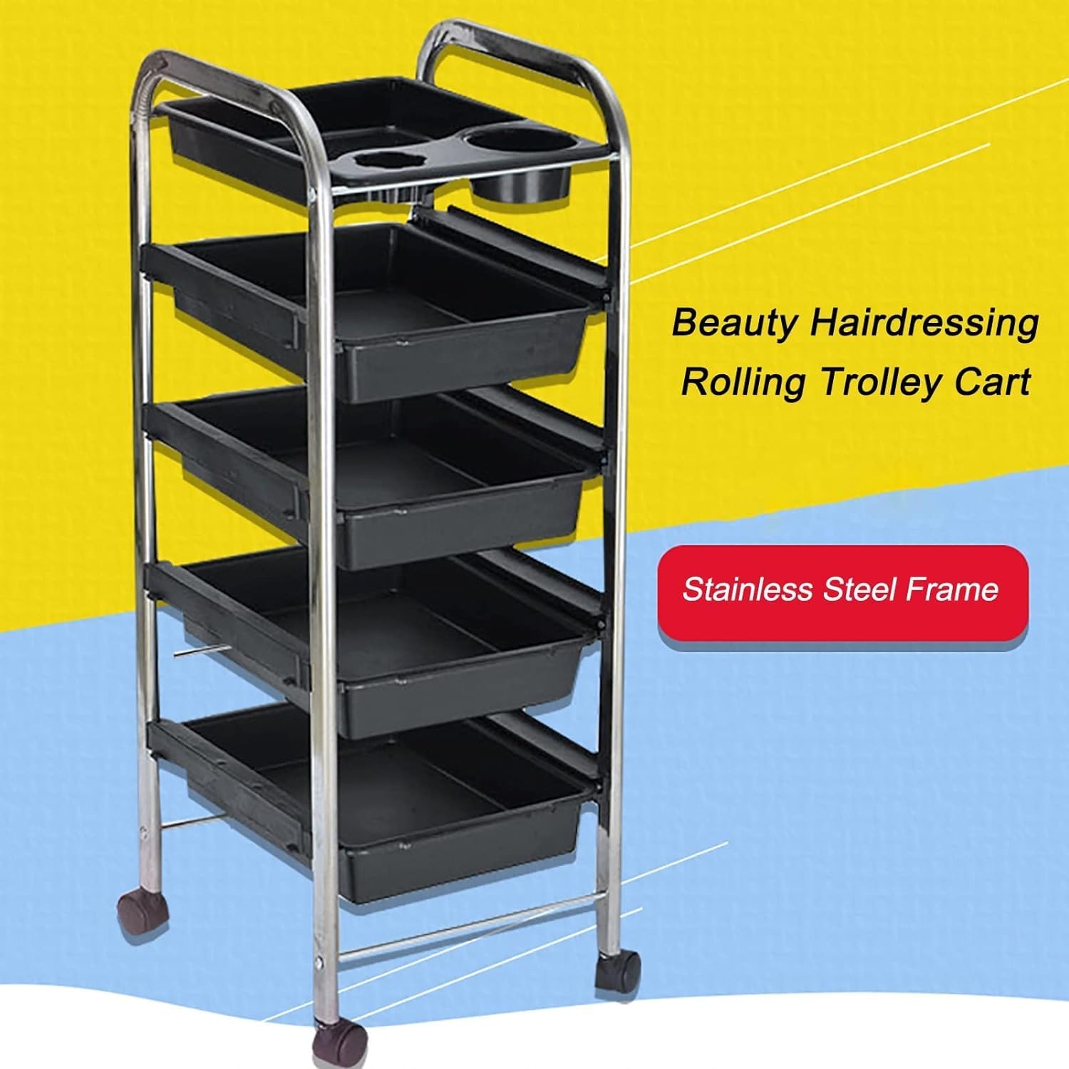 Multifunctional Utility Cart Service Storage Trolley Beauty Salon Spa Rolling Trolley Cart with 4 Drawers, Hairdressing Equipment Storage Tool Carts, Stainless Steel Frame & Abs Plastic