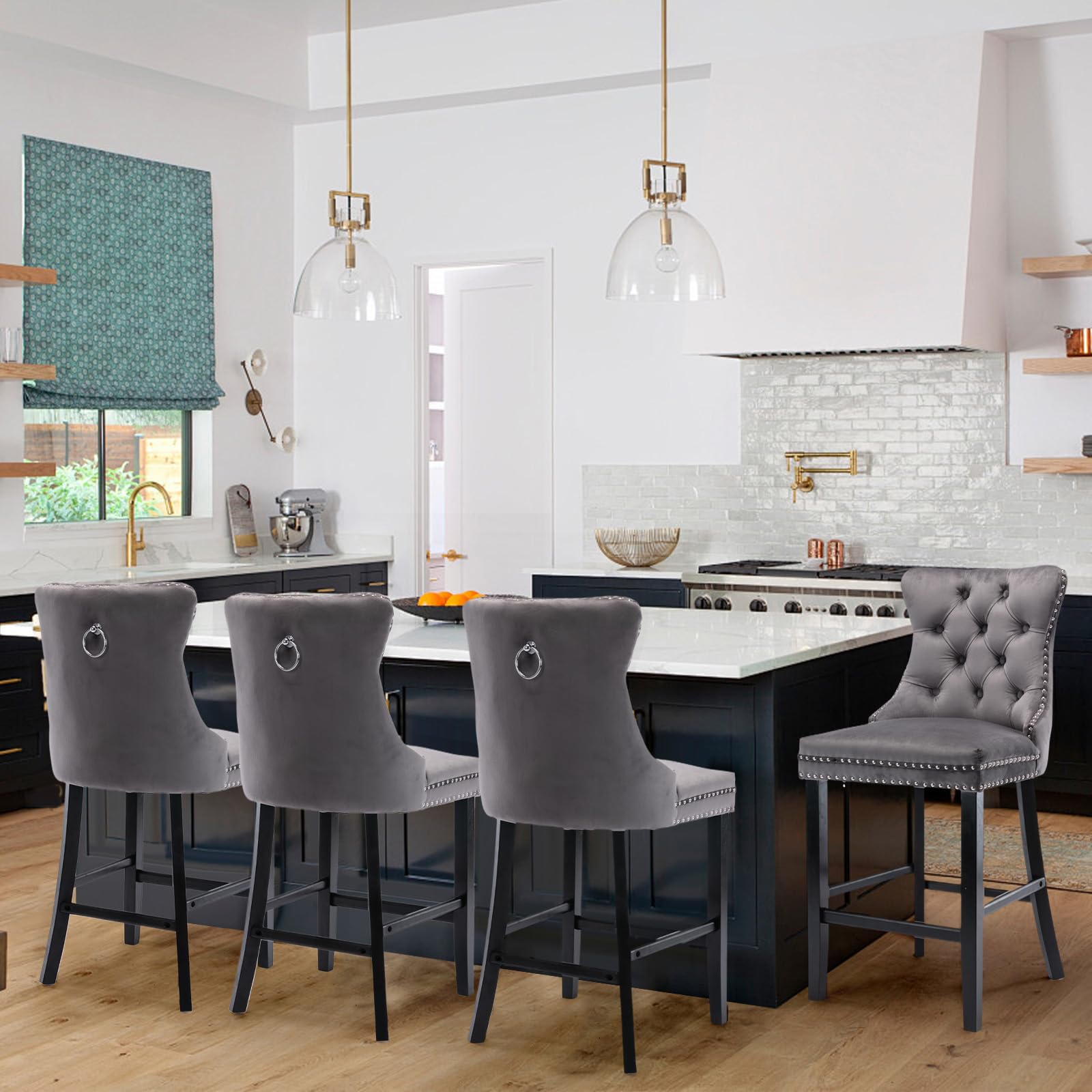 SoarTalent Velvet Upholstered Bar Stools Set of 4 with Back and Wood Legs, Metal Pulling Ring, Armless Counter Height Barstools for Kitchen Island,