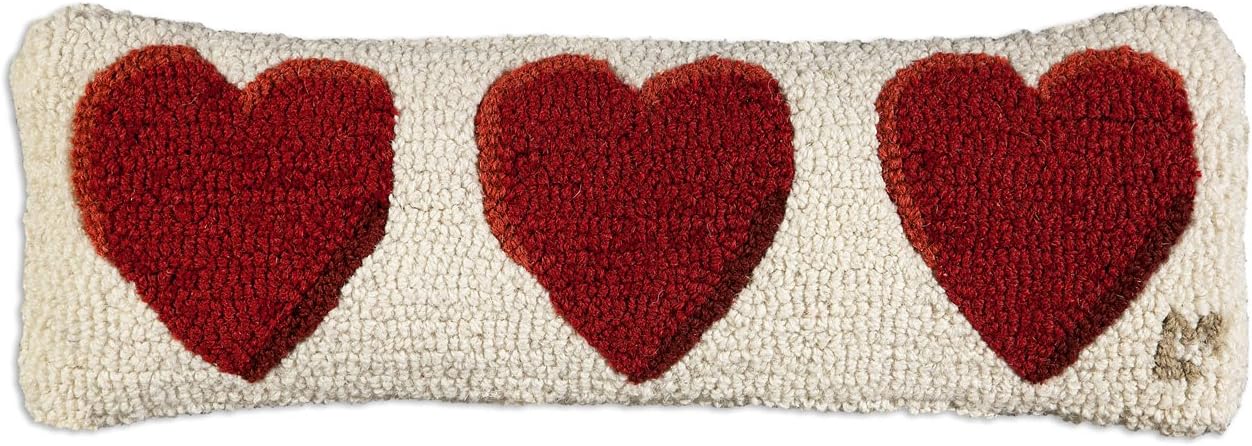 Artist-Designed Three Hearts Hand-Hooked Wool Decorative Throw Pillow (8 in x 24 in) Valentine's Day Pillow for Couches & Beds - Low Maintenance Pillow for Anniversary & Weddings