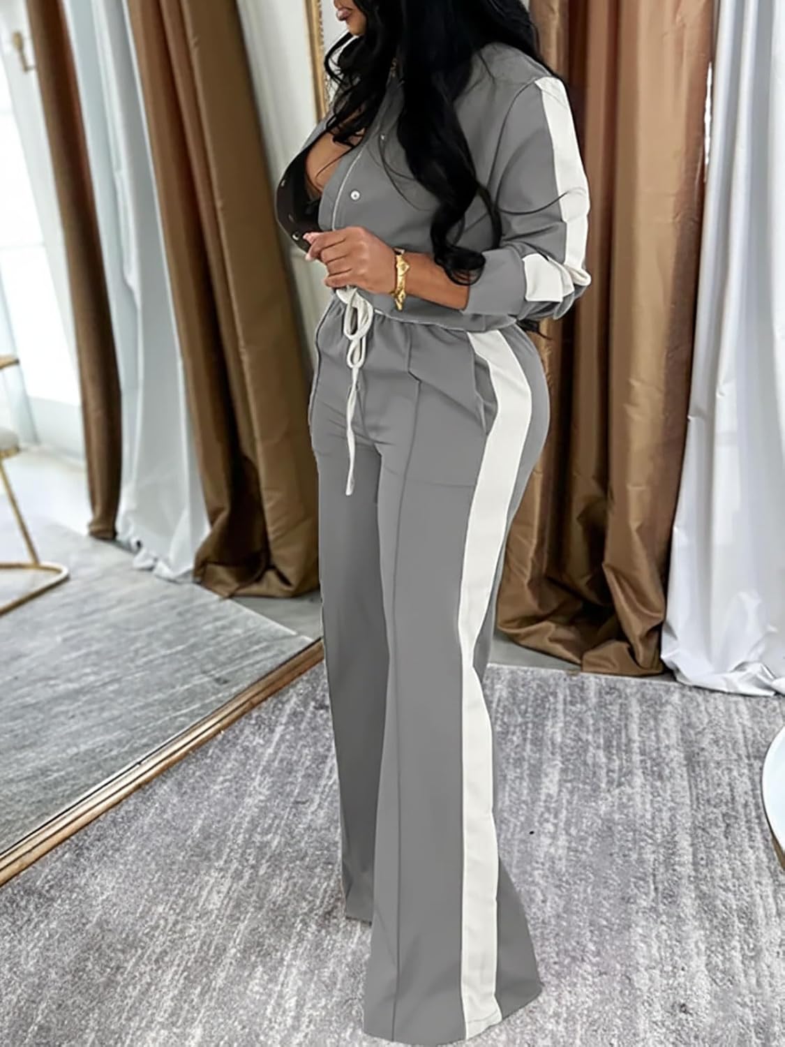 Akmipoem Track Suits for Women Set 2 Piece Outfits Color Block Zip Up Jacket Wide Leg Pants Casual Sweatsuit Airport Travel - Image 7