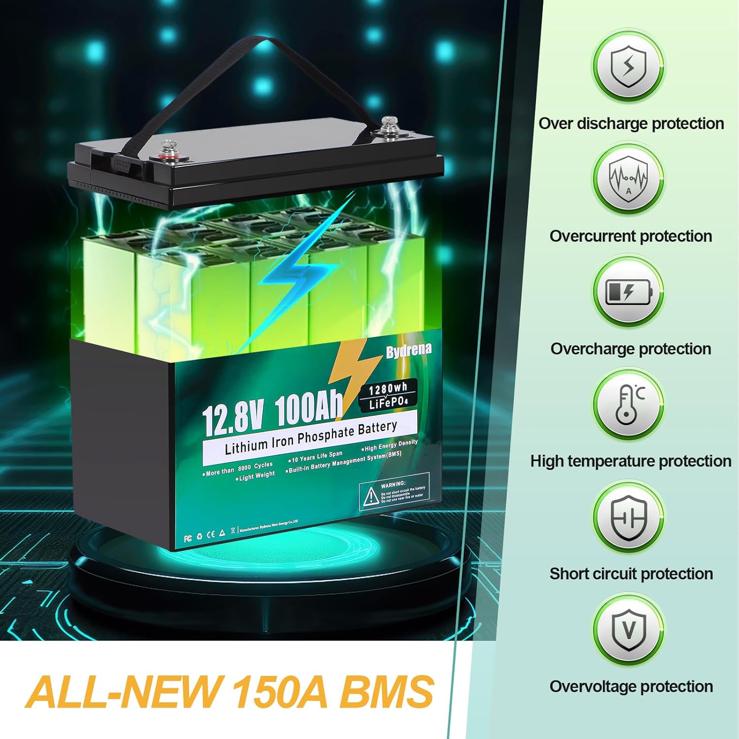 12V 100Ah LiFePO4 Battery, Up to 15000+ Deep Cycles, Low Temp Protection, 150A BMS, Perfect for Golf Cart, RV, Solar System, Trolling Motor Marine and Off-Grid Backup