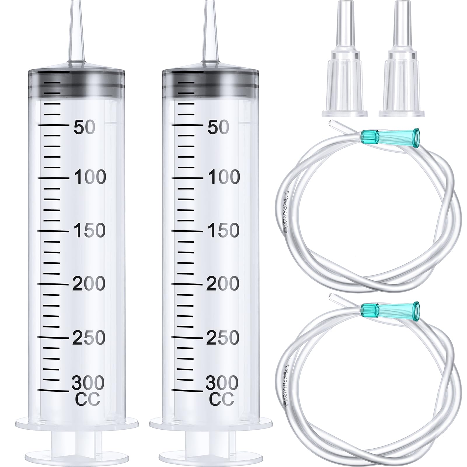 BBTO 2 Pieces Large Plastic Syringe with Tube 40 Inch Handy Plastic Tubing and Connections for Scientific Lab,Glue Dispensing,Watering,Refilling,Feeding and Measuring(300 ML)