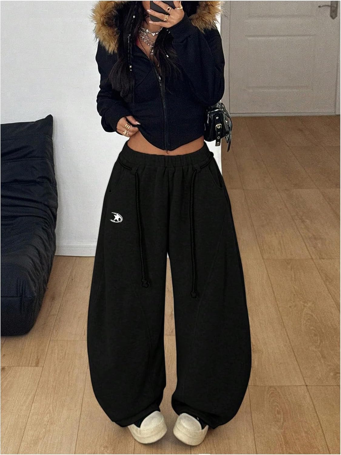 BEAUDRM Women's Baggy Barrel Sweatpants Stacked Elastic Waist Wide Leg Sweat Track Pants Lantern Trouser with Pockets