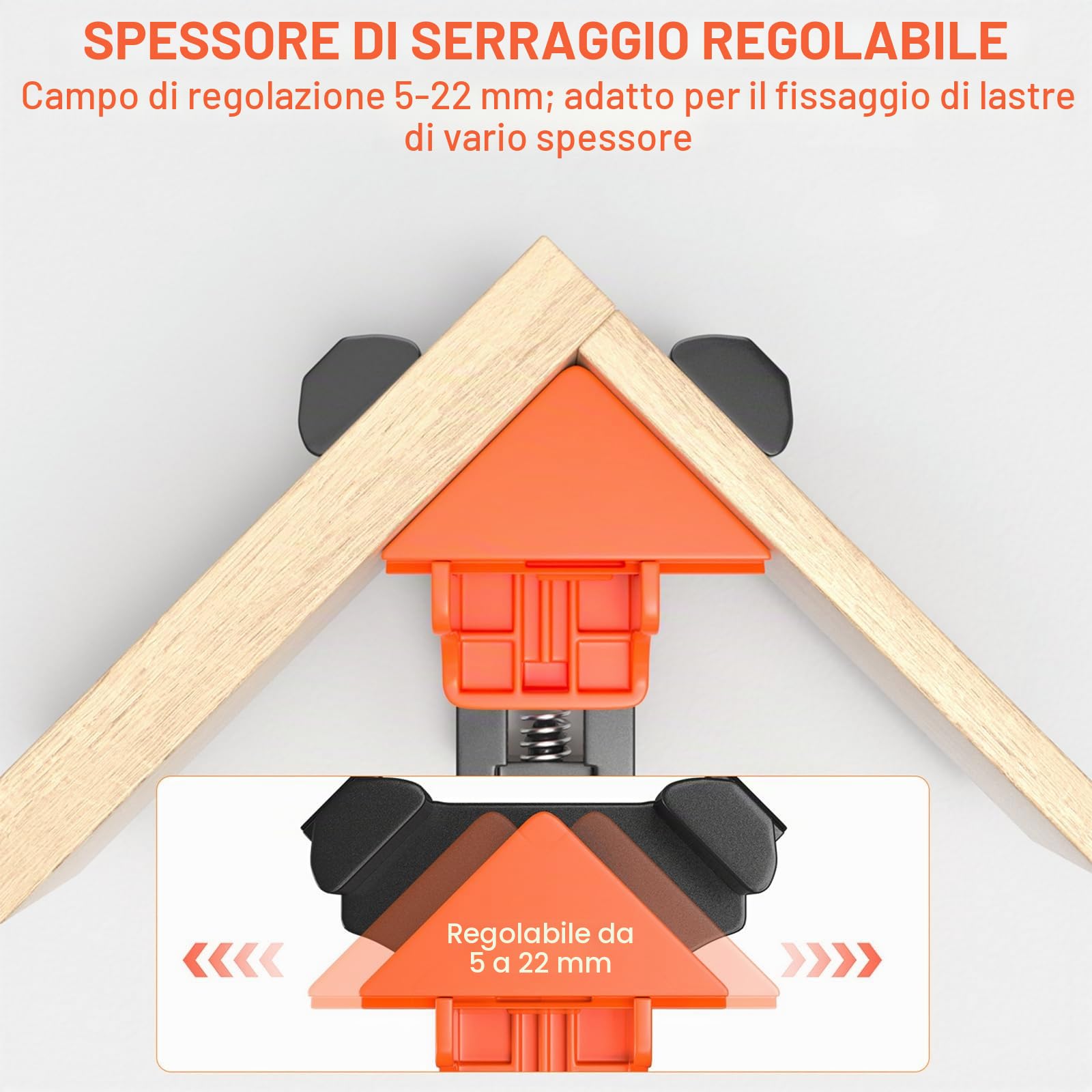 Set di 4 Morsetti Angolari 90° per Legno, Campo 5–22 mm | Squadra di serraggio per falegnameria, mobili e cornici