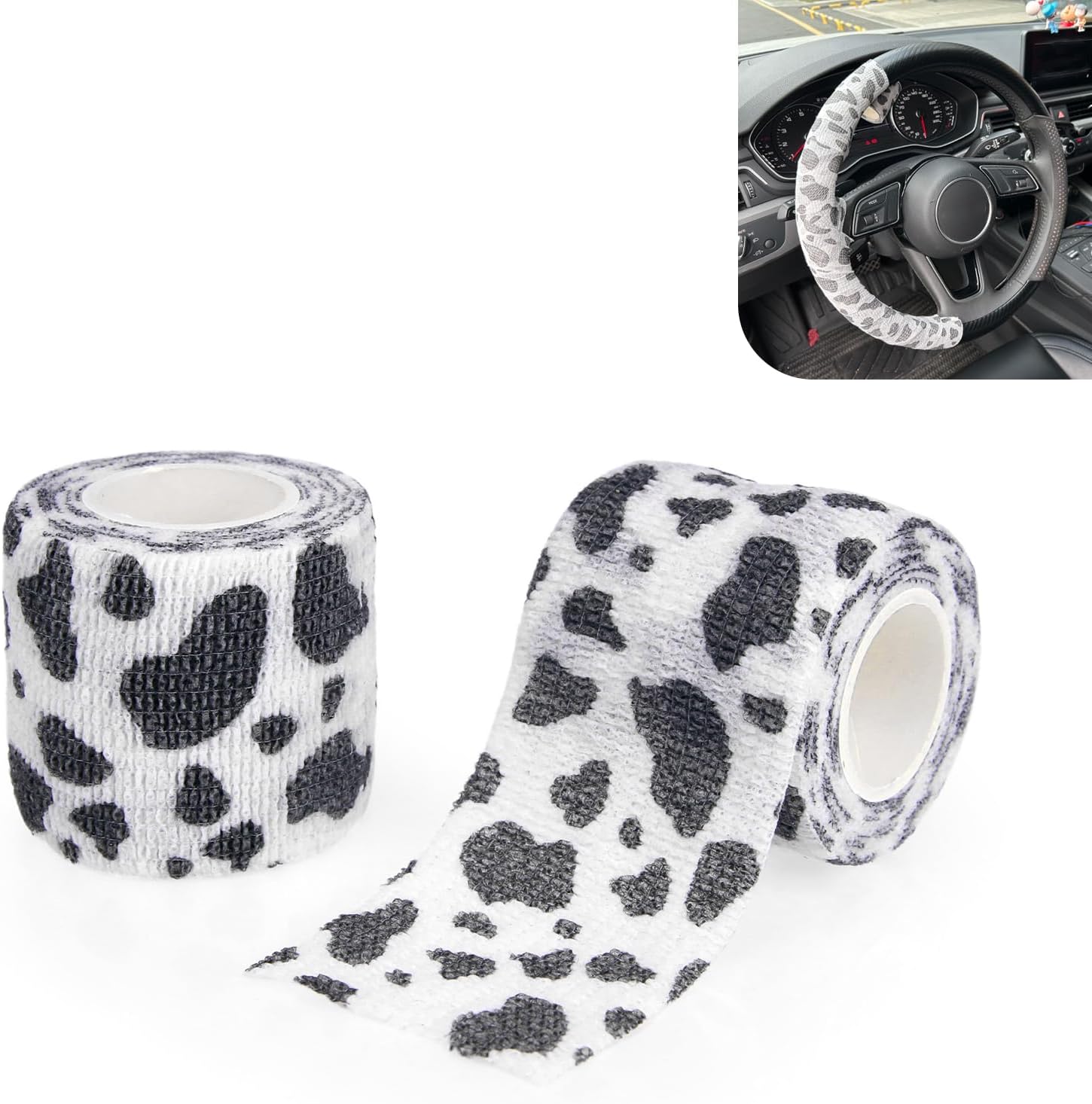 2PCS Car Steering Wheel Cover Wrap Tape, Vehicle Elastic Breathable Non-Slip Bandage, DIY Personalized Cute Steering Wheel Scratch Cover Sticker, Universal for Most Cars (Black & White)