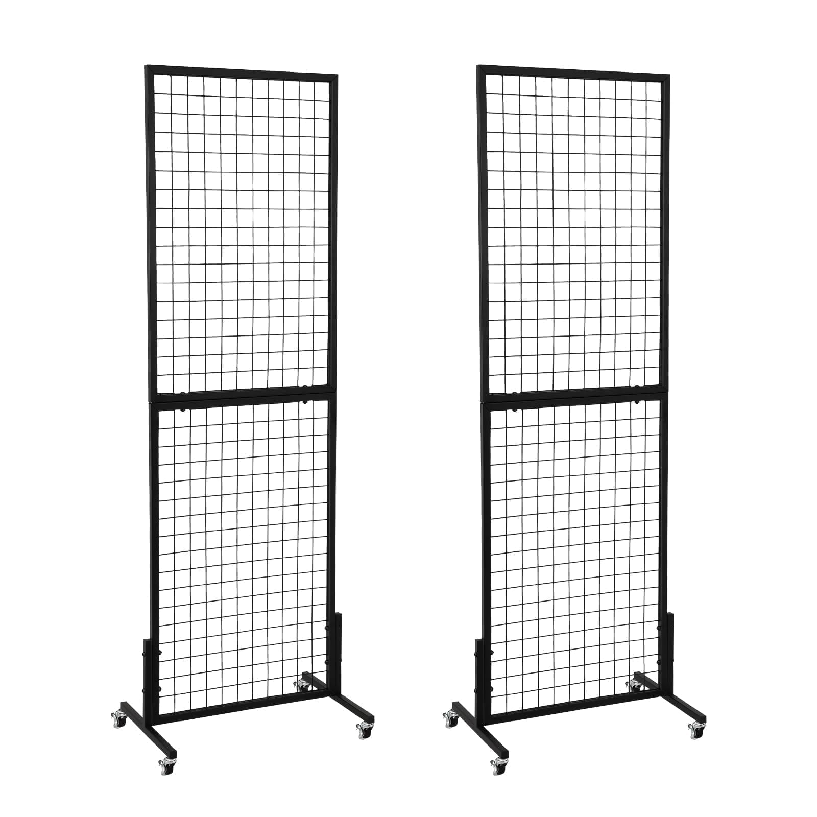 OUDUCK 2 Packs 1.8' x 5.7' Grid Wall Panels Standing Wire Grid, Display Rack with T-Base Wheels Freestanding Gridwall Panel Tower for Shows, Black
