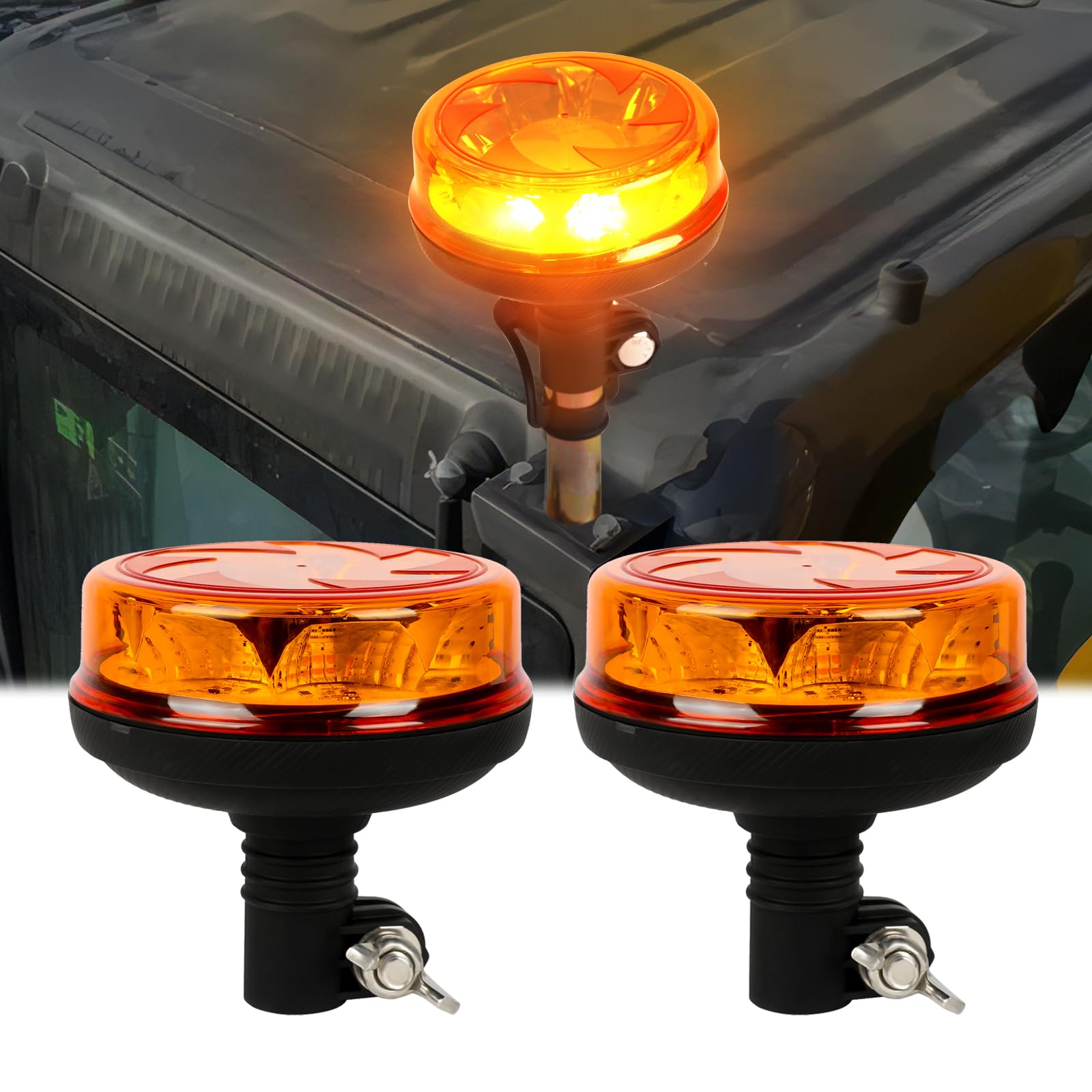 2x Rundumleuchte LED Amber Warnleuchte 12V/24V Blinkleuchte mit 6 Modi Rotating Flash Beacon, 16 LED Rundumleuchte Flexible DIN für Gabelstapler-Traktor Golfwagen Anhänger - ECE E9 IP67