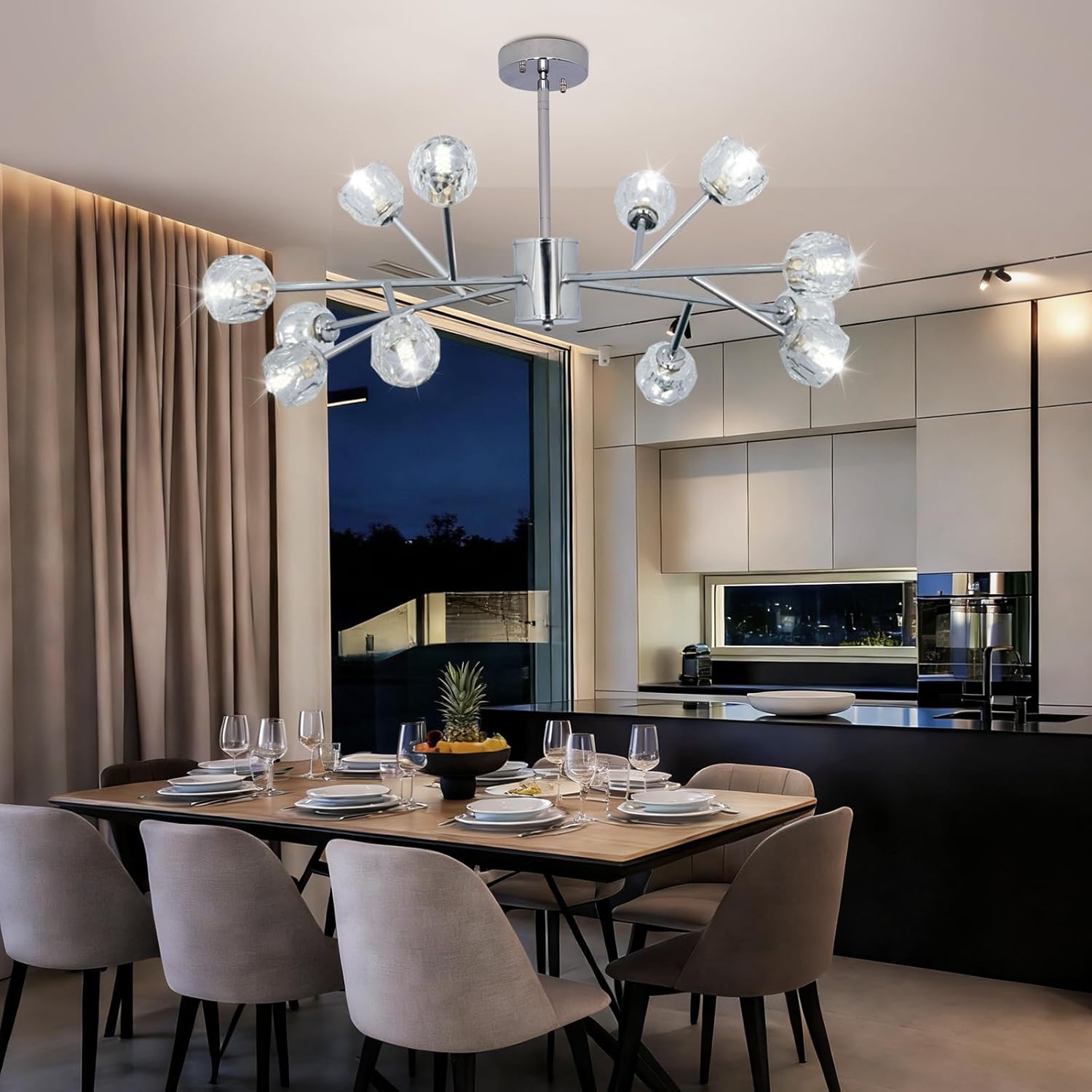 Depuley Chandelier Ceiling Light Fixture: 12-Light Modern Sputnik Chandelier for Dining Room - Height Adjustable Mid Century Chrome Crystal Chandelier for Bedroom Living Room (Included G9 Bulbs)