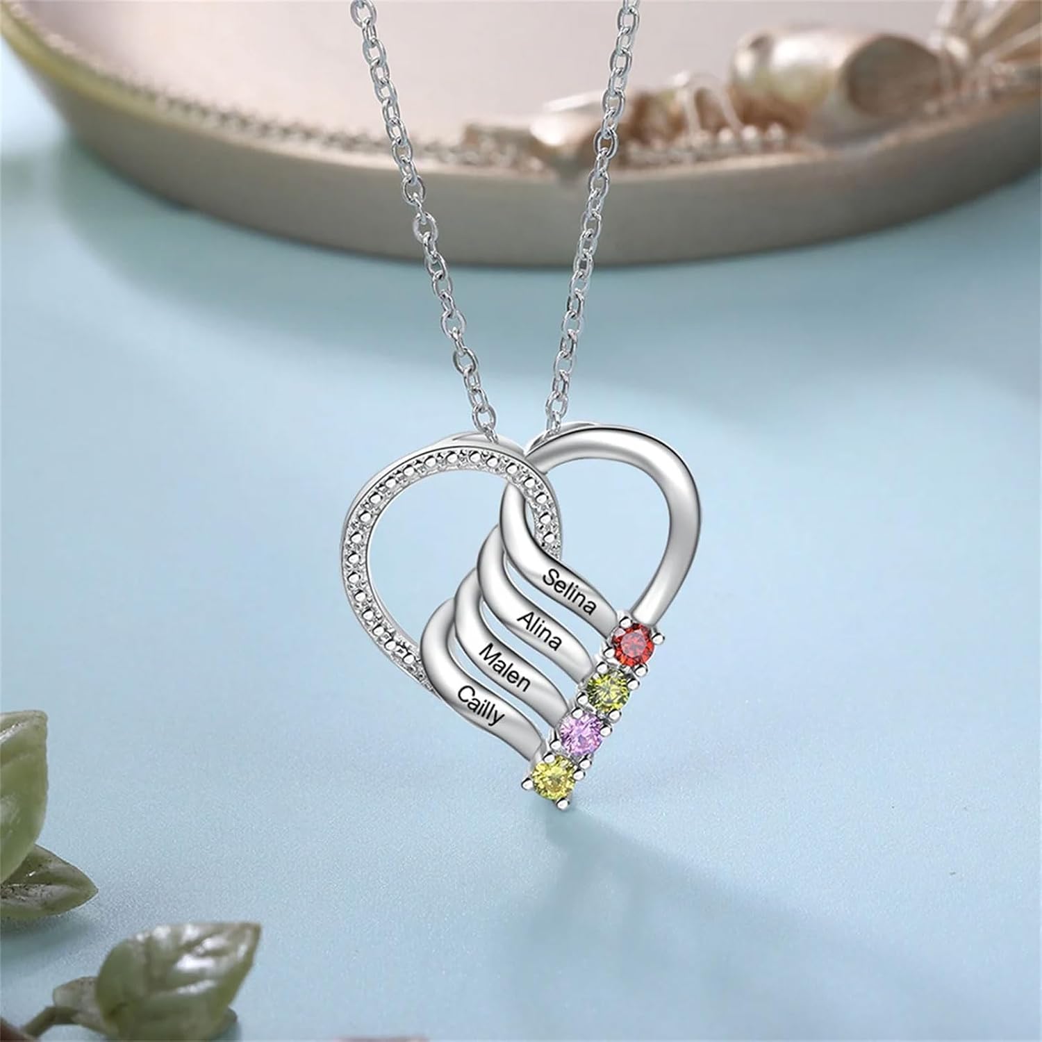 10K 14K 18K Gold Personalized Mothers heart Necklace with 2-6 Birthstones Custom Engraved Names Mom Pendant Christmas Gift for Her Wife