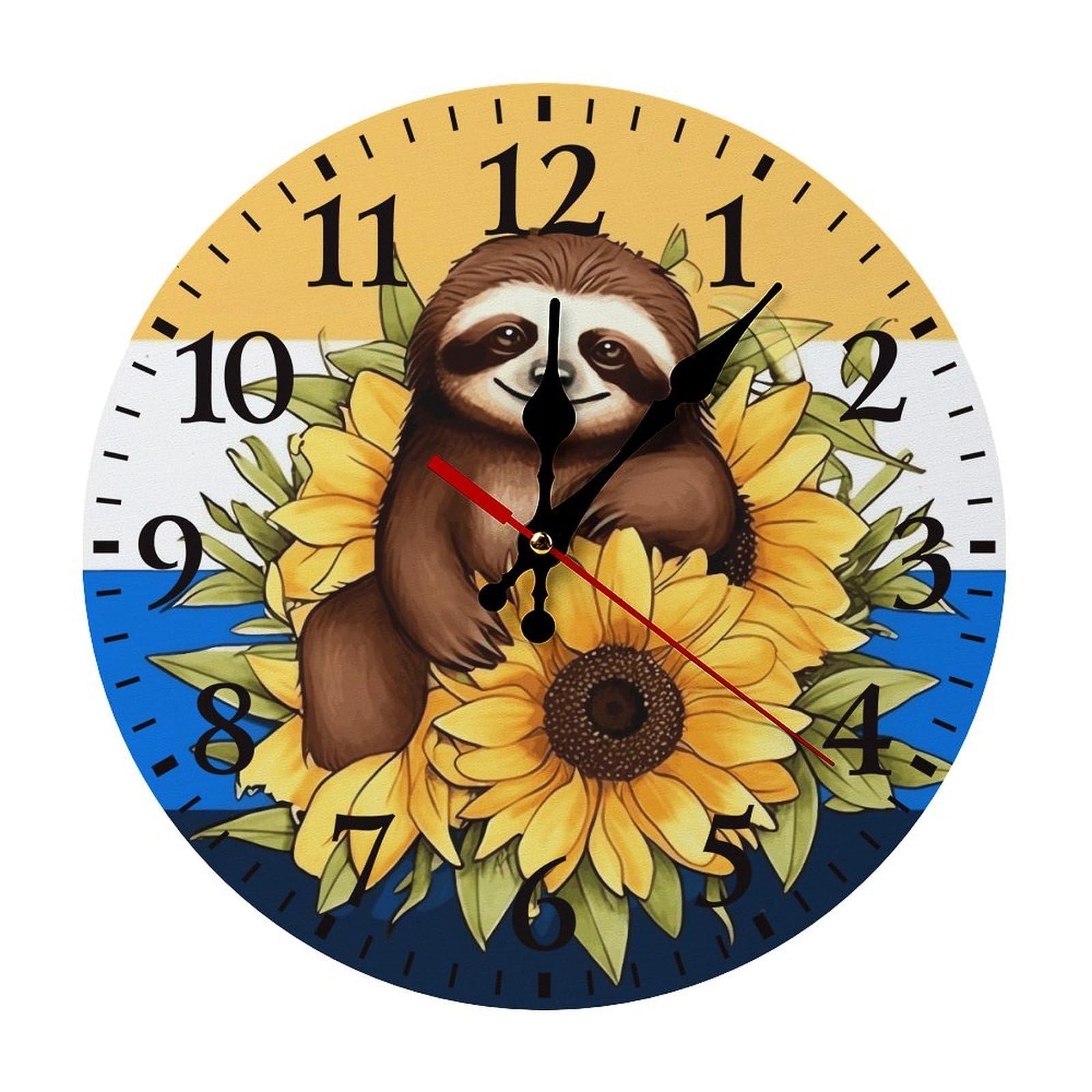 NTVOWPZO 10 Inch Wall Clock Cartoon Sloth Sitting on Sunflower Battery Operated Wall Clocks Silent Non-Ticking Round Wall Clock for Living Room Kitchen Home Office Wall Decorative Clock