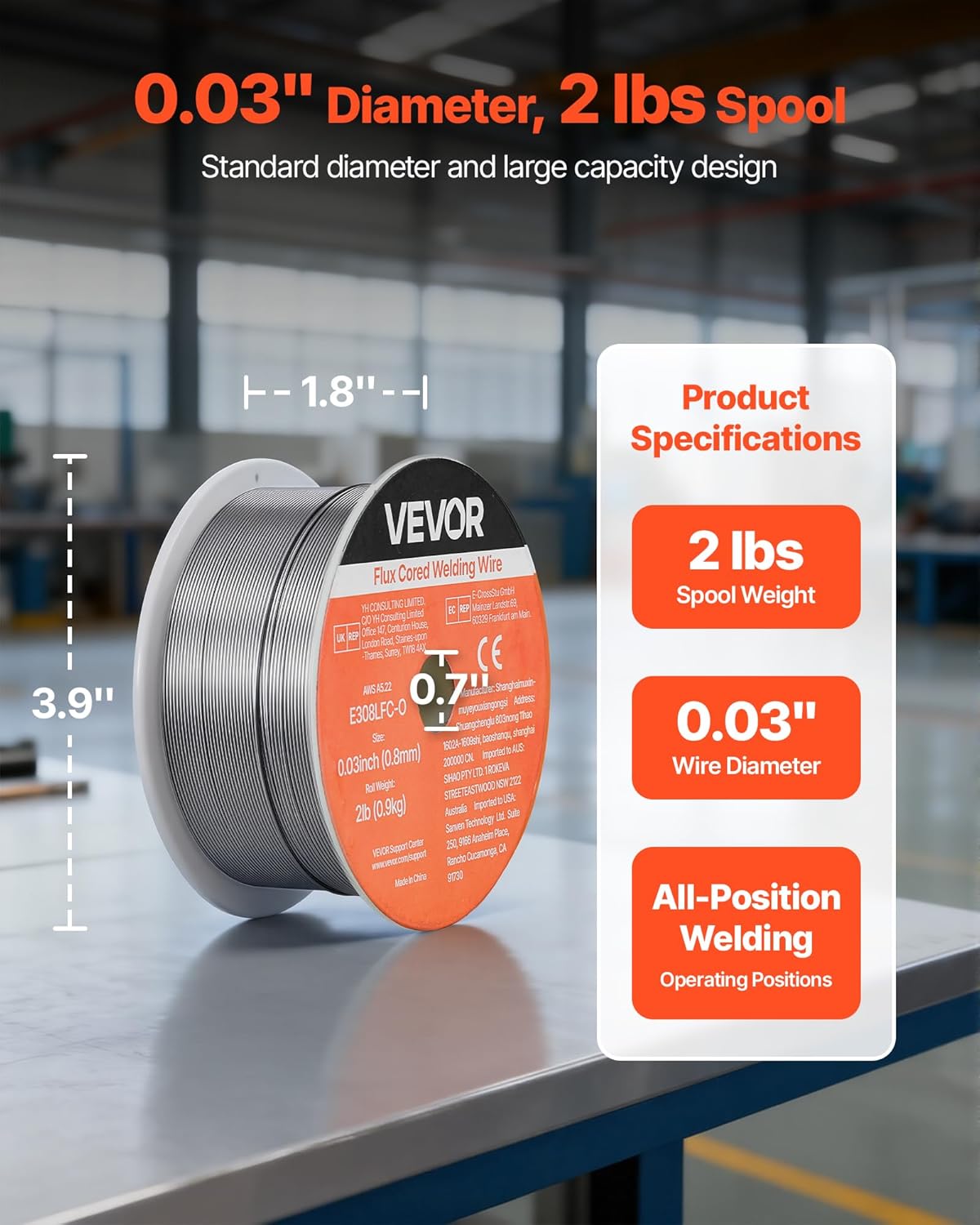 VEVOR Flux Core MIG Welding Wire, E308LFC-O 0.03-inch 2 LBS, Gasless Stainless Steel Welding Wire with Low Spatter for All Position Arc Welding, Self-Shielded for Outdoor Use