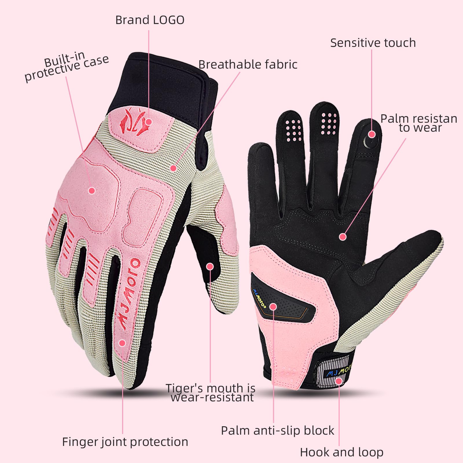 Gants de moto d'été respirants roses pour femme, gants de moto antidérapants pour écran tactile, VTT, VTT, course sur route