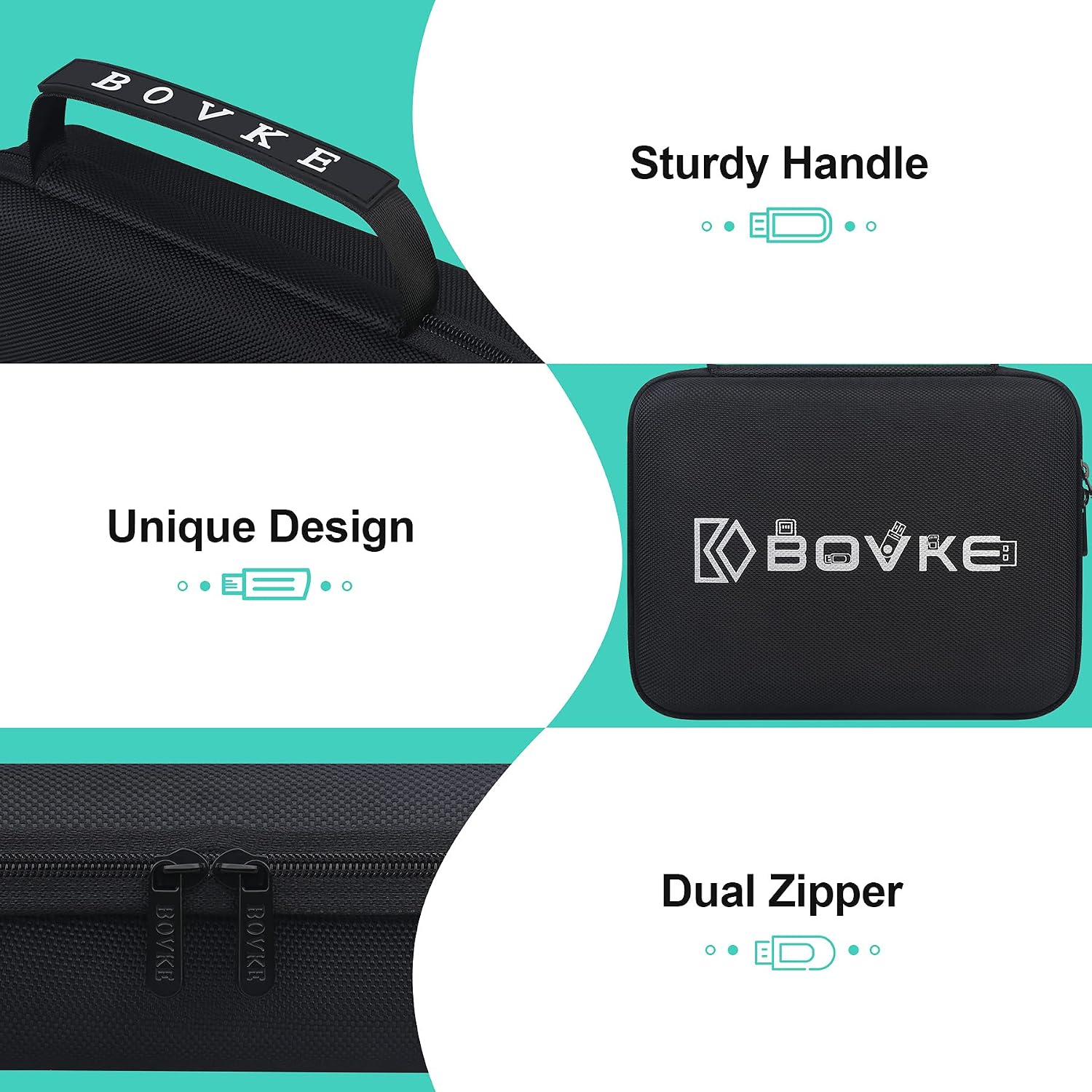 BOVKE Flash Drive Case USB Case Holder Hard Drive Case Electronic Organizer SD Card Memory Storage Case Compatible With Sandisk, Samsung Thumb Drives, Extra Pocket for Power Bank, Charger Cable, Black