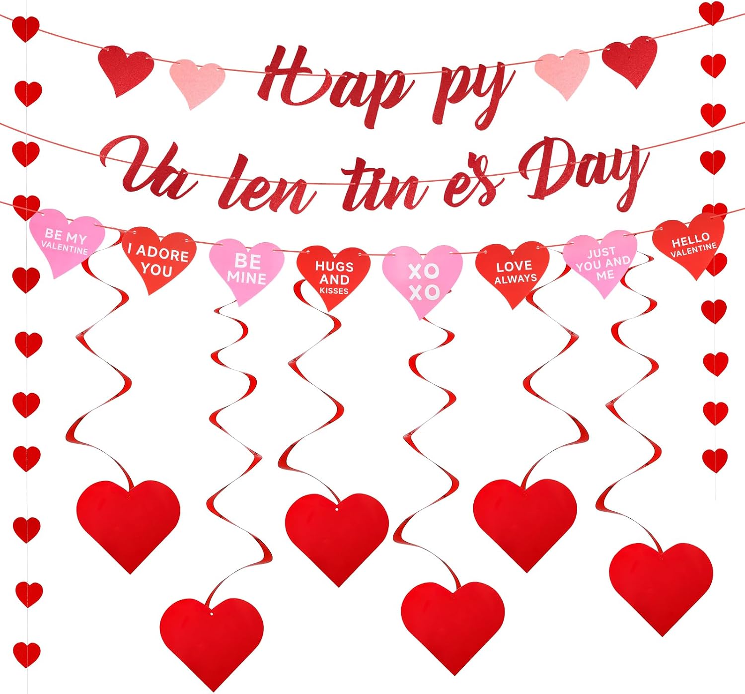 Valentine's Day Banner Decorations Kit, Paper Party Set with Happy Valentine Sign, Heart Garland, Streamers & Swirls for Romantic Wall Décor