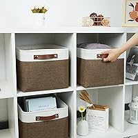 Vista 3 de HNZIGE Cestas de almacenamiento de tela (paquete de 3) – Cestas decorativas plegables con asas de cuero para organizar la ropa