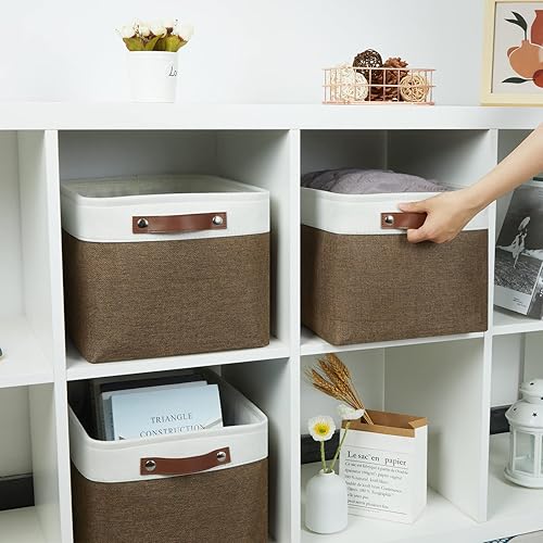 Miniatura 3 de HNZIGE Cestas de almacenamiento de tela (paquete de 3)  Cestas decorativas plegables con asas de cuero para organizar la ropa (marrón y blanco, 15 x