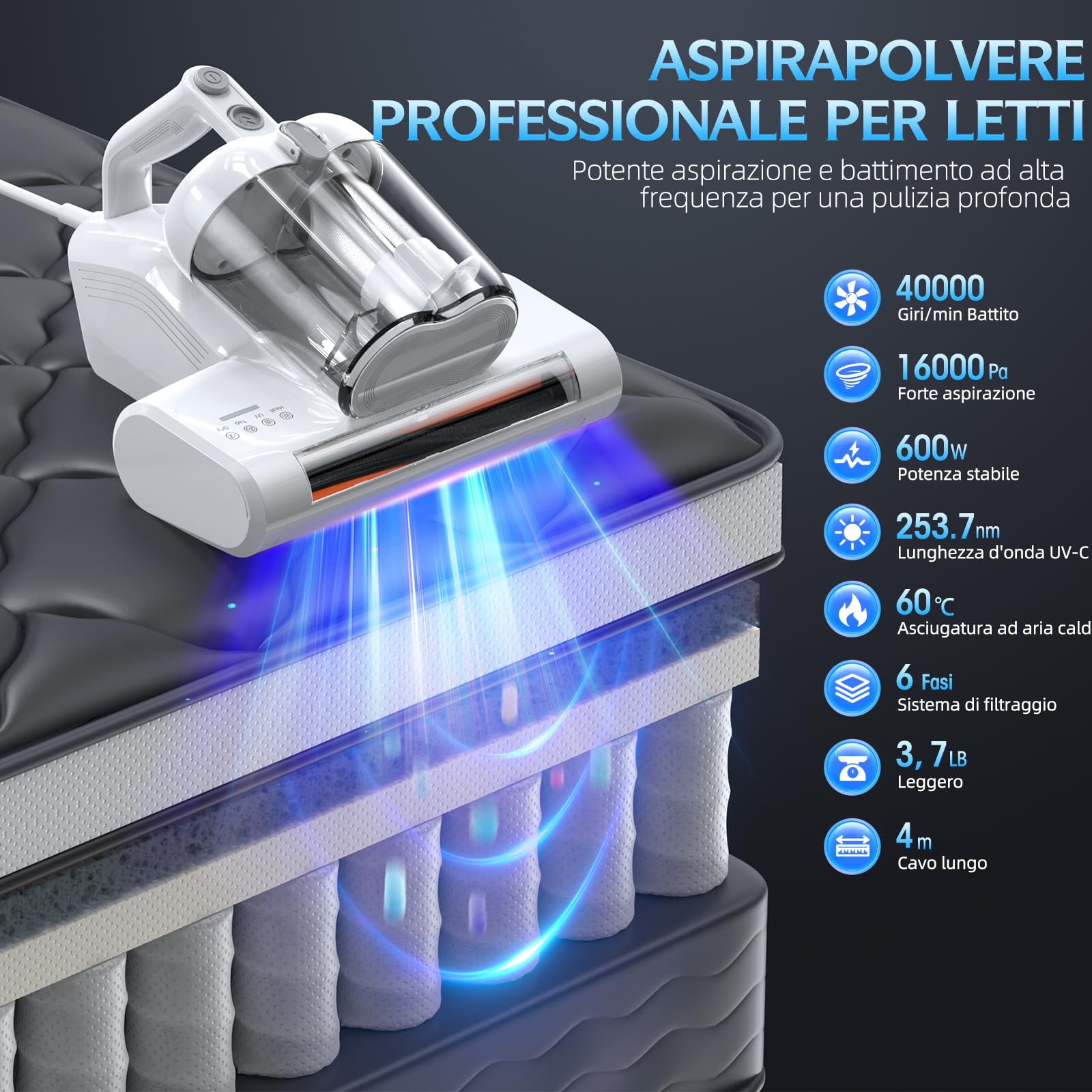 Aspirapolvere per Materassi Battimaterasso con Luce UV-C a 253,7nm 16Kpa Aspirazione Filtro HEPA Riscaldamento Funzione 40000 Rpm/Min Rotazione Aspiratore Antiacaro Rimuove Allergeni 600W Filo Bianco