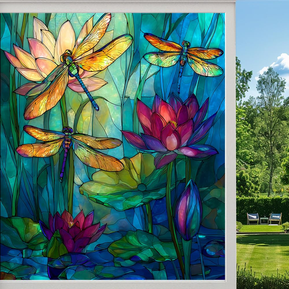 Vintage Lotus Pond Stained Glass Window Film, Watercolor Floral Dragonfly Peel and Stick Privacy Film, Frosted Adhesive Vinyl Decorative for Bathroom Windows Glass Doors, （55x90cm）