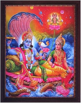 SANVIKA Lord Vishnu Poster Frame Wall Decor, Lord Vishnu Art Frame For Living Room Decor, Hindu Decor For Home Office, Pooja Room Vishnu Resting Under Sheshnag, 12" x 9"