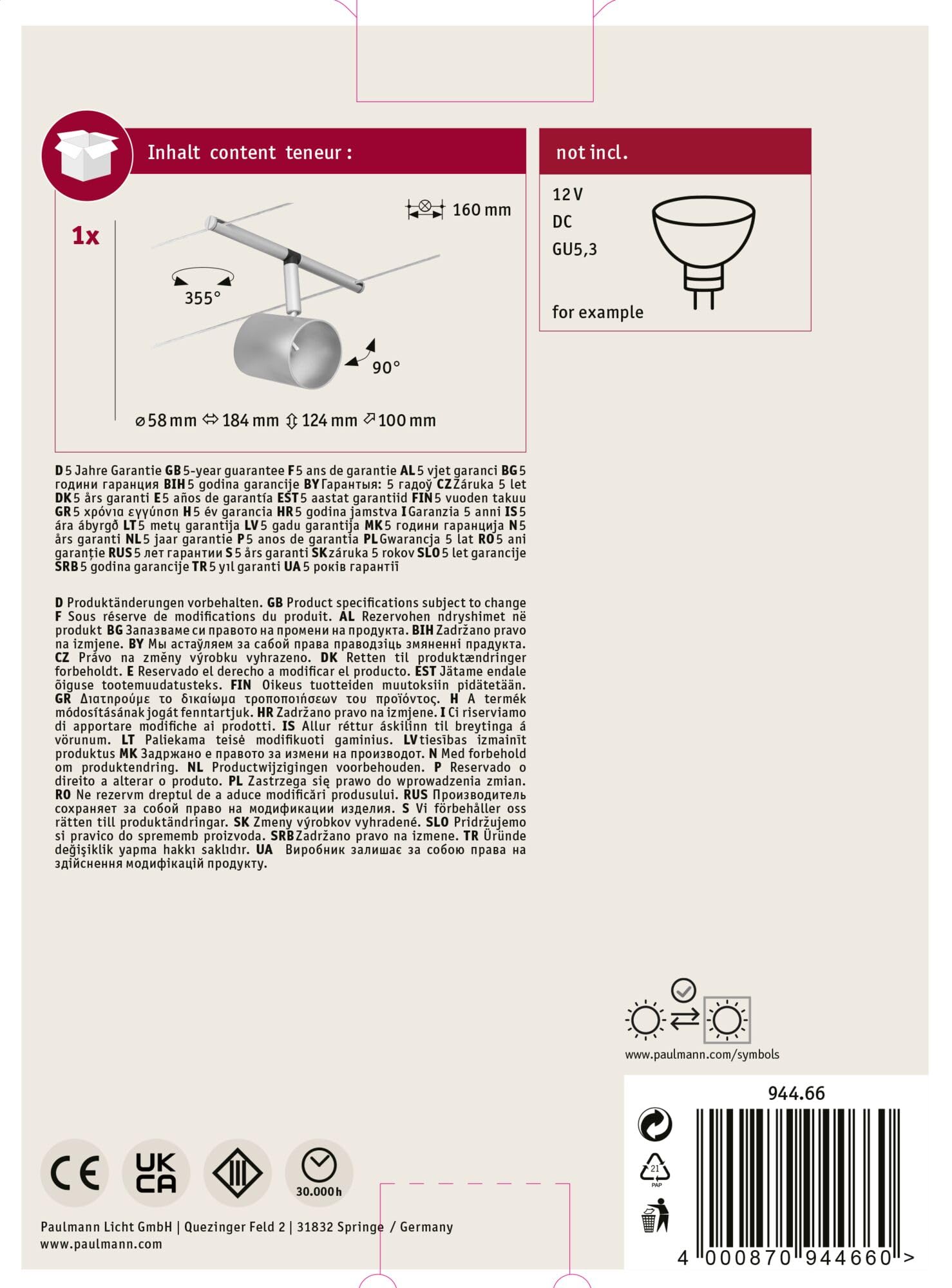 Paulmann 94466 Spot unique max. 10 W Chrome mat, plastique chromé, rail en métal GU5,3