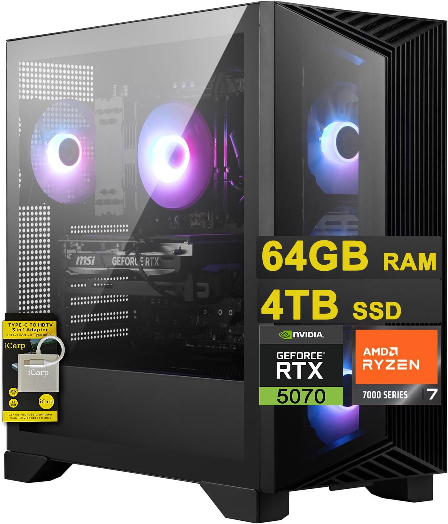 msi Aegis Z2 Gaming Desktop AMD Octa-core Ryzen 7 7700 64GB RAM 4TB SSD GeForce RTX 5070 (DLSS 4) 750W 80+ Gold PSU ARGB Fan Air Cooling Win11 w/ICP Hub