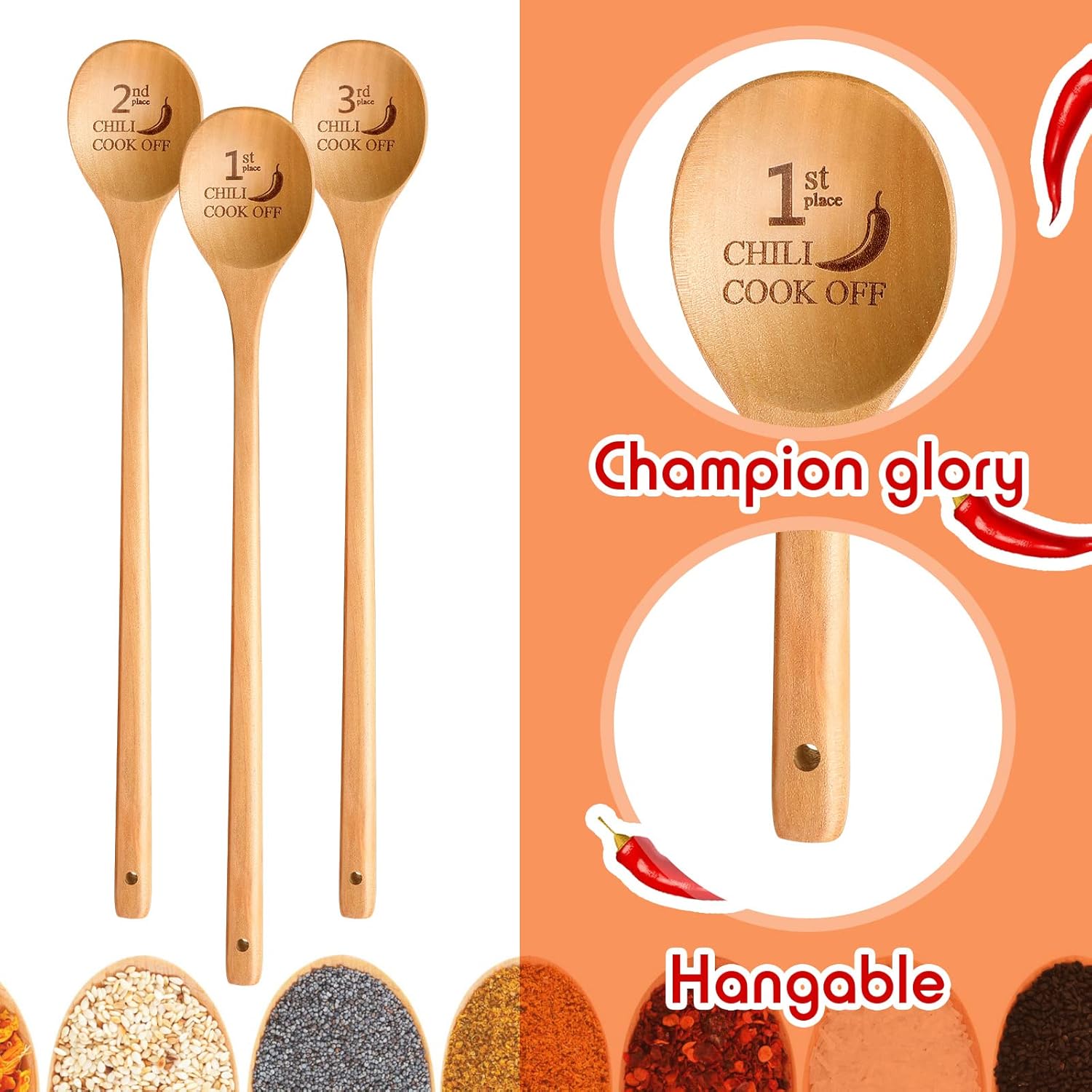Set of 3 Chili Cook Off Trophies Prizes, 1st, 2nd, 3rd, Wooden Spoons for Cooking, 13 Inch Awards Long Handled Cooking Spoons for Gift Baking Kitchen - Image 3