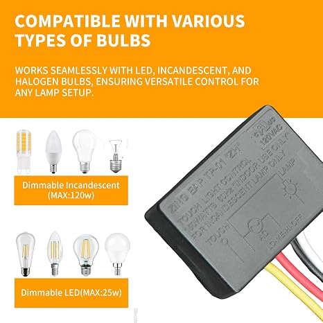 Txelegant Touch Lamp Switch, Touch Lamp Control Module for Dimmable LED, Incandescent, Halogen Bulbs, Lamp Switch Replacement Kit, Touch Dimmer Sensor with 3 Levels Brightness and Wiring Caps
