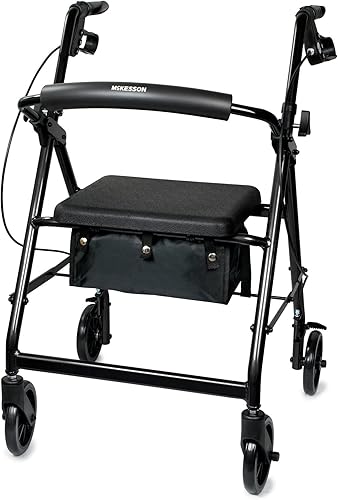 McKesson Andador con asiento y ruedas, ligero, aluminio, capacidad de peso de 300 libras, negro, 1 unidad