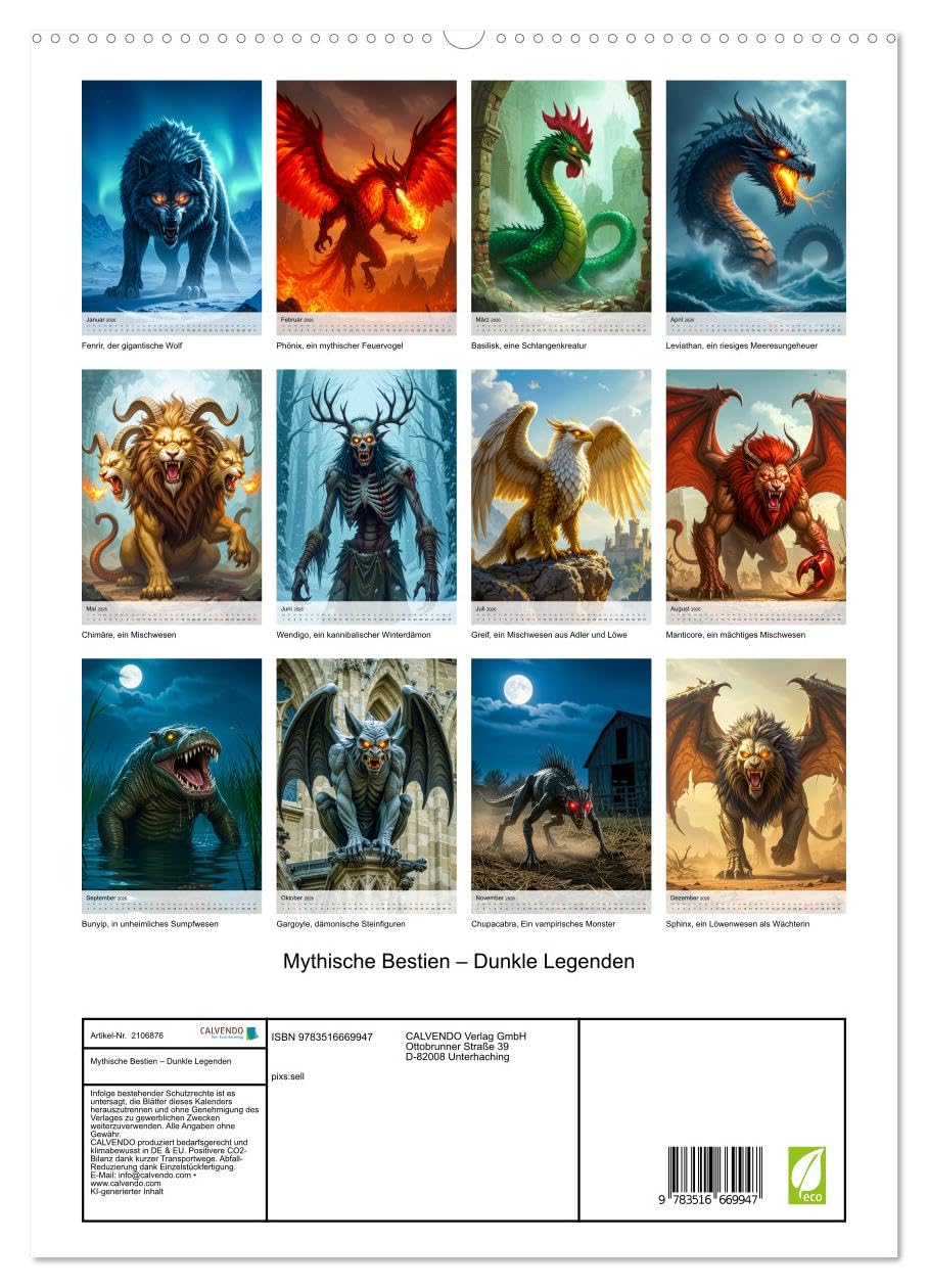 Mythische Bestien – Dunkle Legenden (hochwertiger Premium Wandkalender 2026 DIN A2 hoch), Kunstdruck in Hochglanz: Legendäre Bestien jeden Monat in dunkler Illustration. (CALVENDO Kunst)