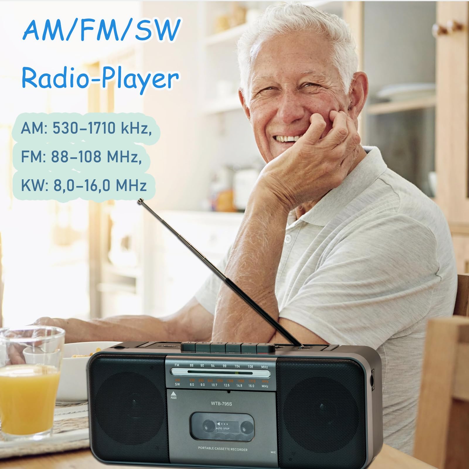 Boomboxen Tragbarer Kassettenrekorder mit AM/FM/SW-Stereoradio, Bluetooth, Aufnahme auf Kassette/USB/SD über Mikrofon, Kassette-zu-MP3-Konverter, 10-W-Lautsprecher, AC/DC-Stromversorgung
