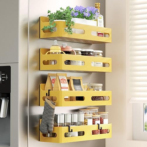 Miniatura 66 de Paquete de 4 estantes magnéticos para especias para refrigerador, organizador de especias, estante magnético móvil con 4 ganchos para organización