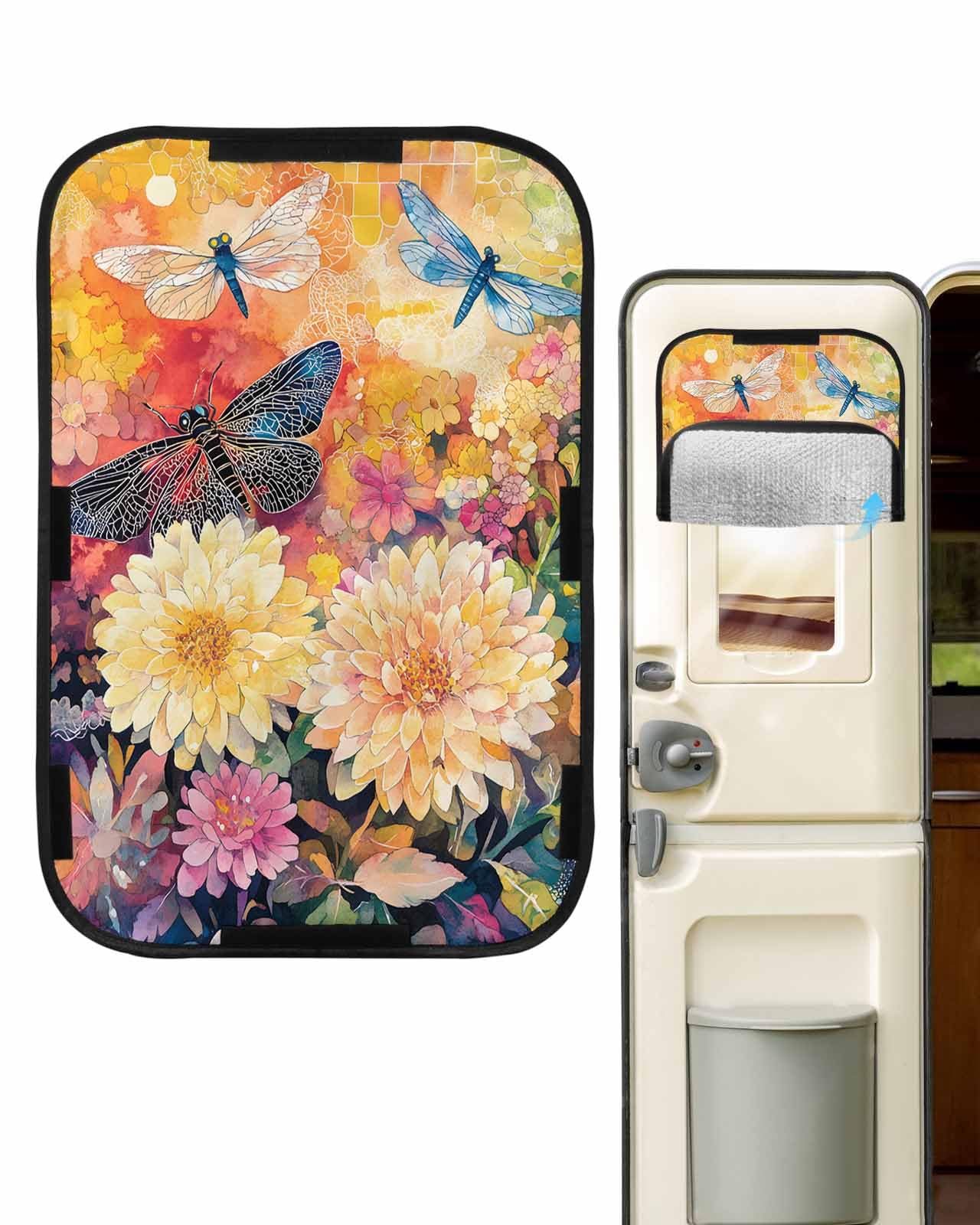 LEOKOTI RV Door Window Shade, Colorful Spring Floral Blackout RV Window Shades Foldable, Summer Botanical Dragonfly Watercolor Privacy Insulation Car Covers 16