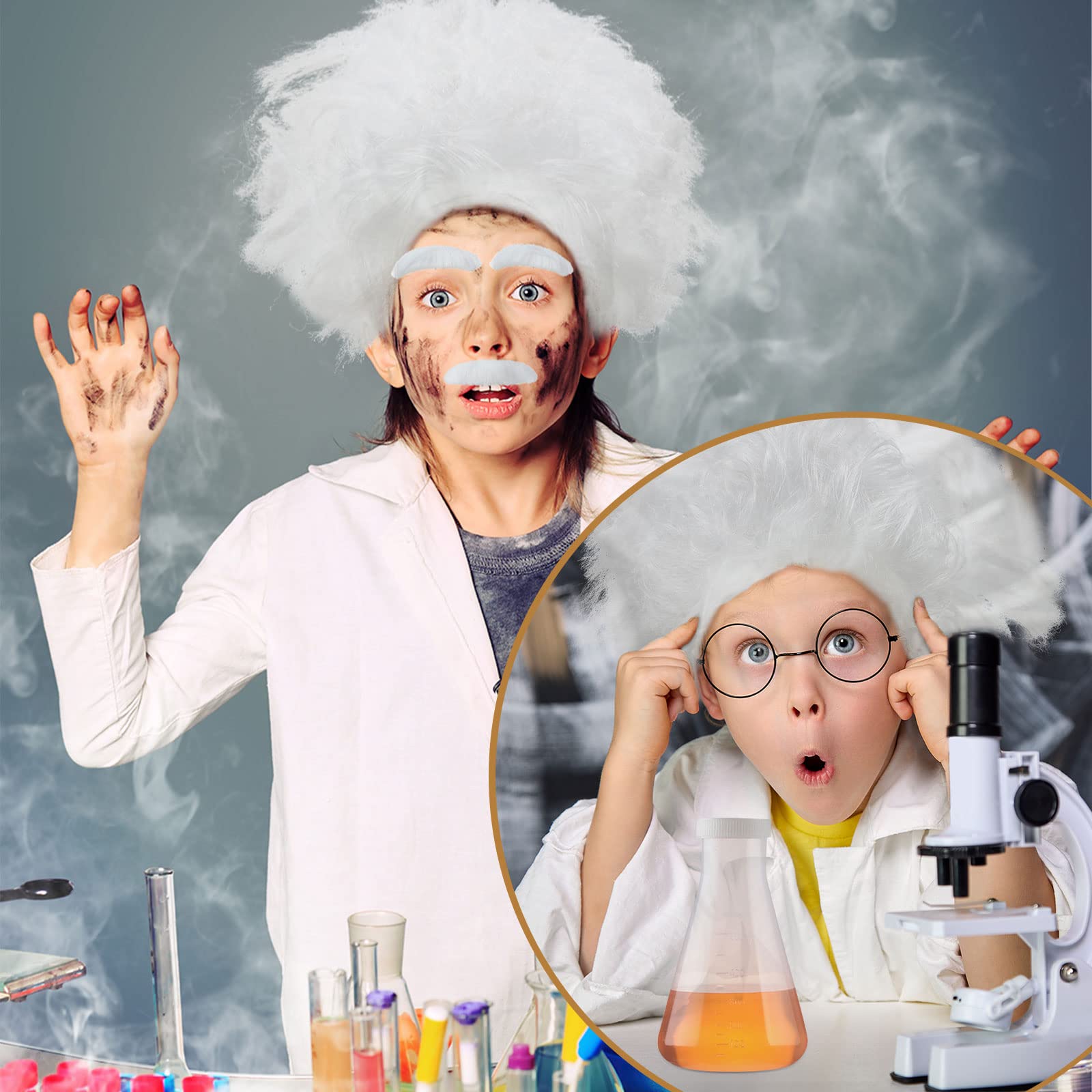 Jiuguva 7 Pcs Physicist Costume Set Mad Lab Scientist 100 Days of School Costume Set Wig Lab Coat for Kids Cosplay Party(Large, Child)