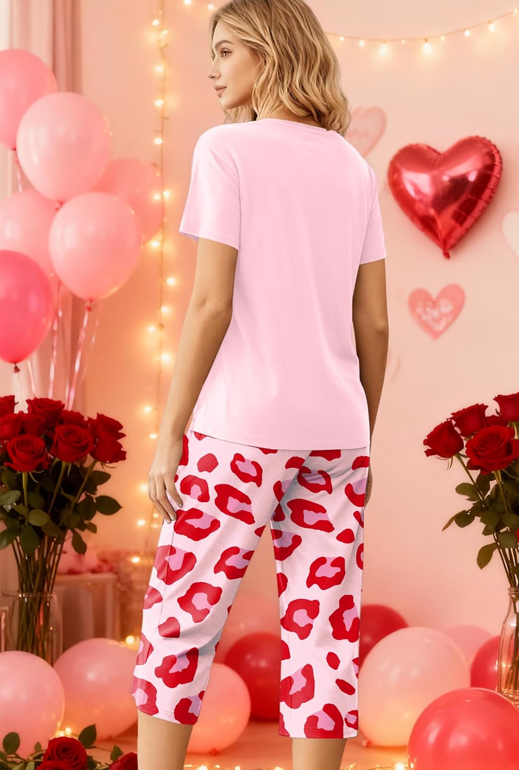 LHBNK Valentines Pajamas for Women: Valentines Pj Sets Short Sleeve Sleepwear Tops With Capri Pants Pajamas Set - Image 4