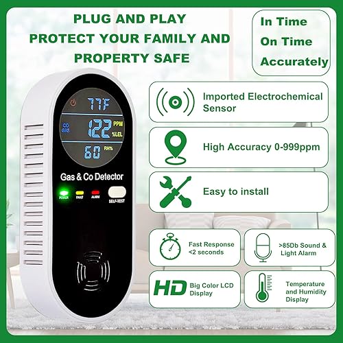Miniatura 4 de Detector de gas combustible y monóxido de carbono 4 en 1 alarma con sensor de temperatura/humedad - Detector de fugas de CO/gas enchufable para el