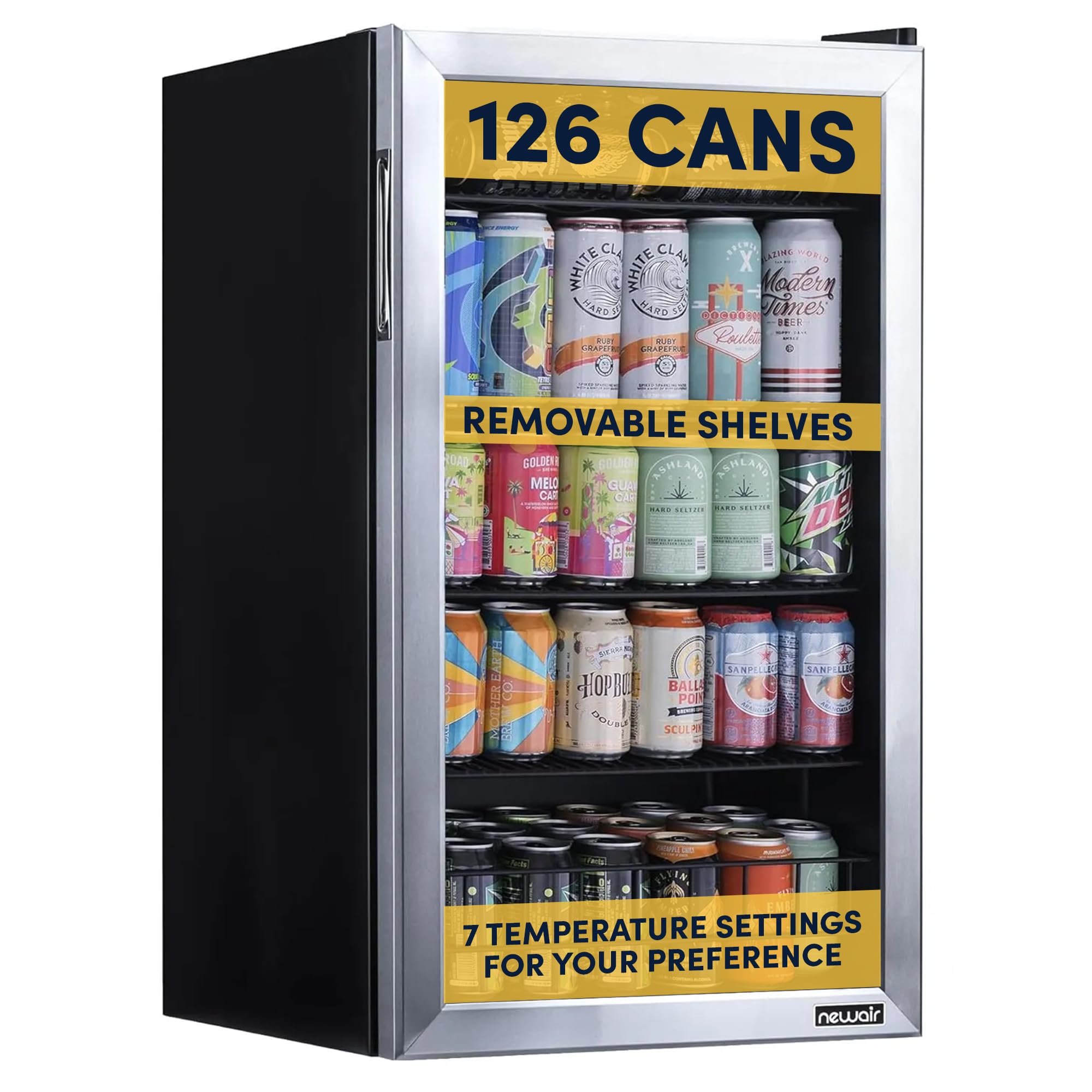 NewAir Beverage Cooler Refrigerator, 3.4 Cubic Feet, Stainless Steel, 1 Door, Freestanding, 62.8 Pounds