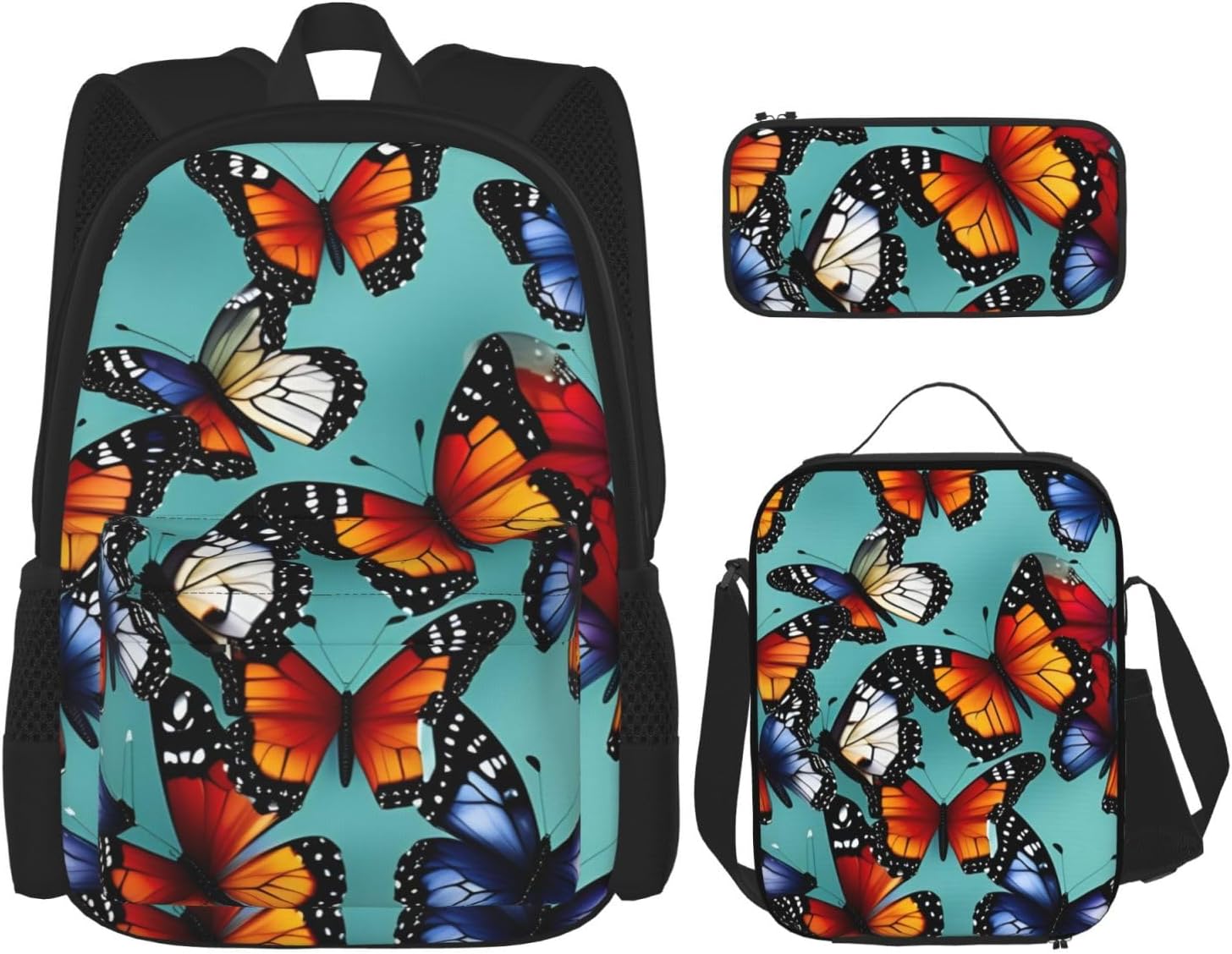 Butterfly And Cello Print Travel Backpack Set,Stylish 600d Oxford Fabric,Insulated Lunch Bag,And Cosmetic Pouch