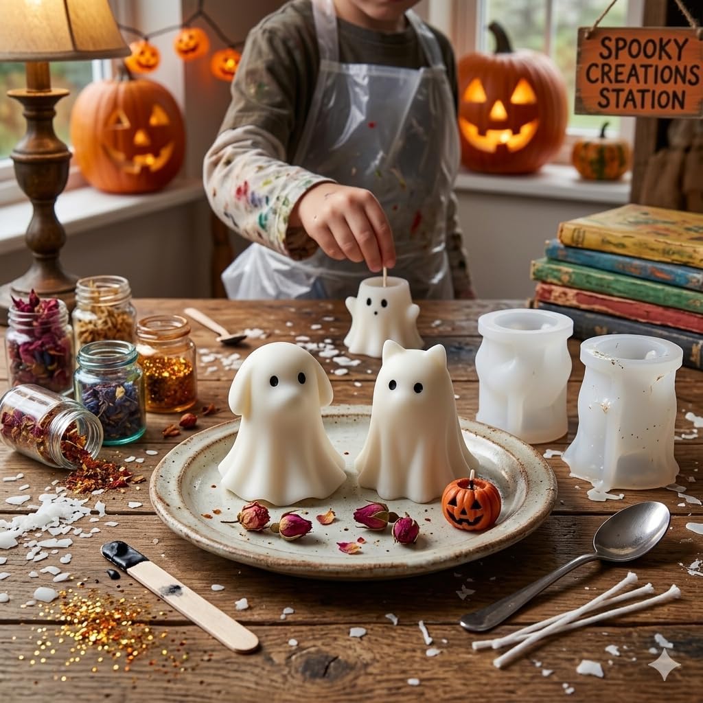 2PCS Halloween Animal Ghost Candle Mold,3D Ghost Silicone Mold， Suitable for Making and Decorating Scented Candle Soap for Halloween (2 PCS)