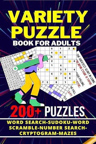 Variety Puzzle Book For Adults | 200+ Puzzles | Word Search, Sudoku, Word Scramble, Number Search, Cryptogram, Mazes