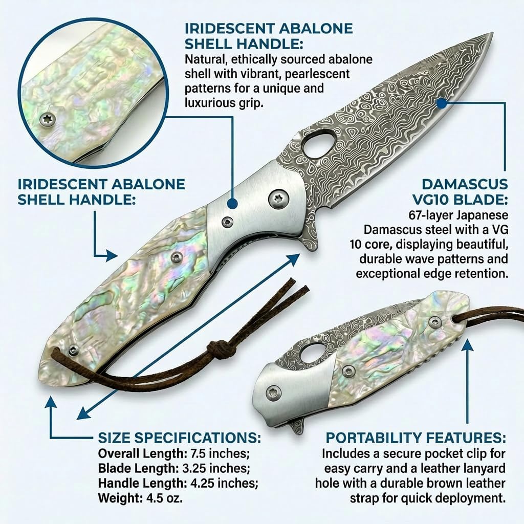 Damascus VG10 Steel Folding Pocket Knife, 3.15" Blade MOP Handle EDC Knife with Mechanical Lock Pocket Clip for Men Women Camping Survival Hiking